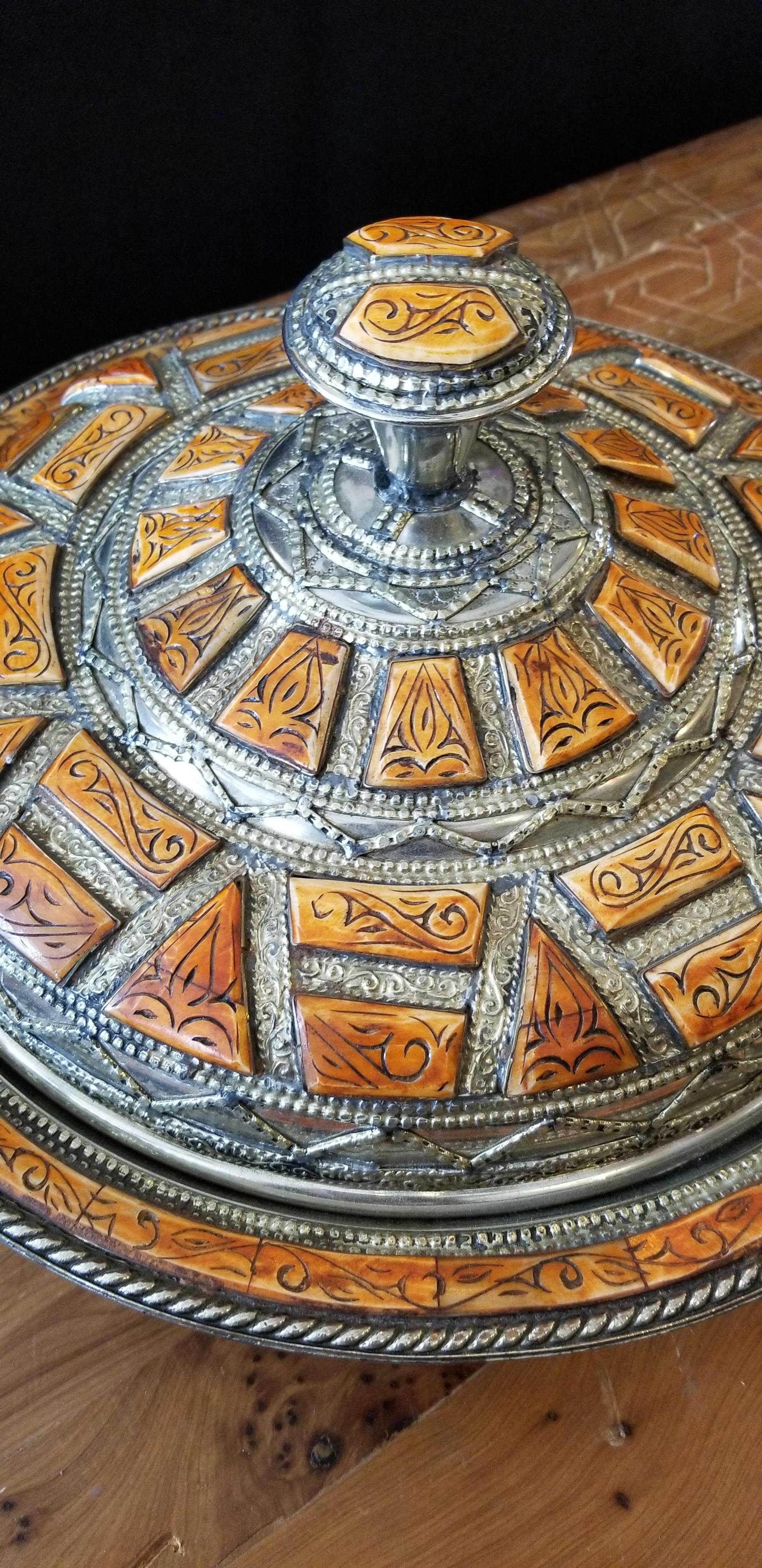 Contemporary Moroccan Metal Tagine, Camel Bone Inlay For Sale