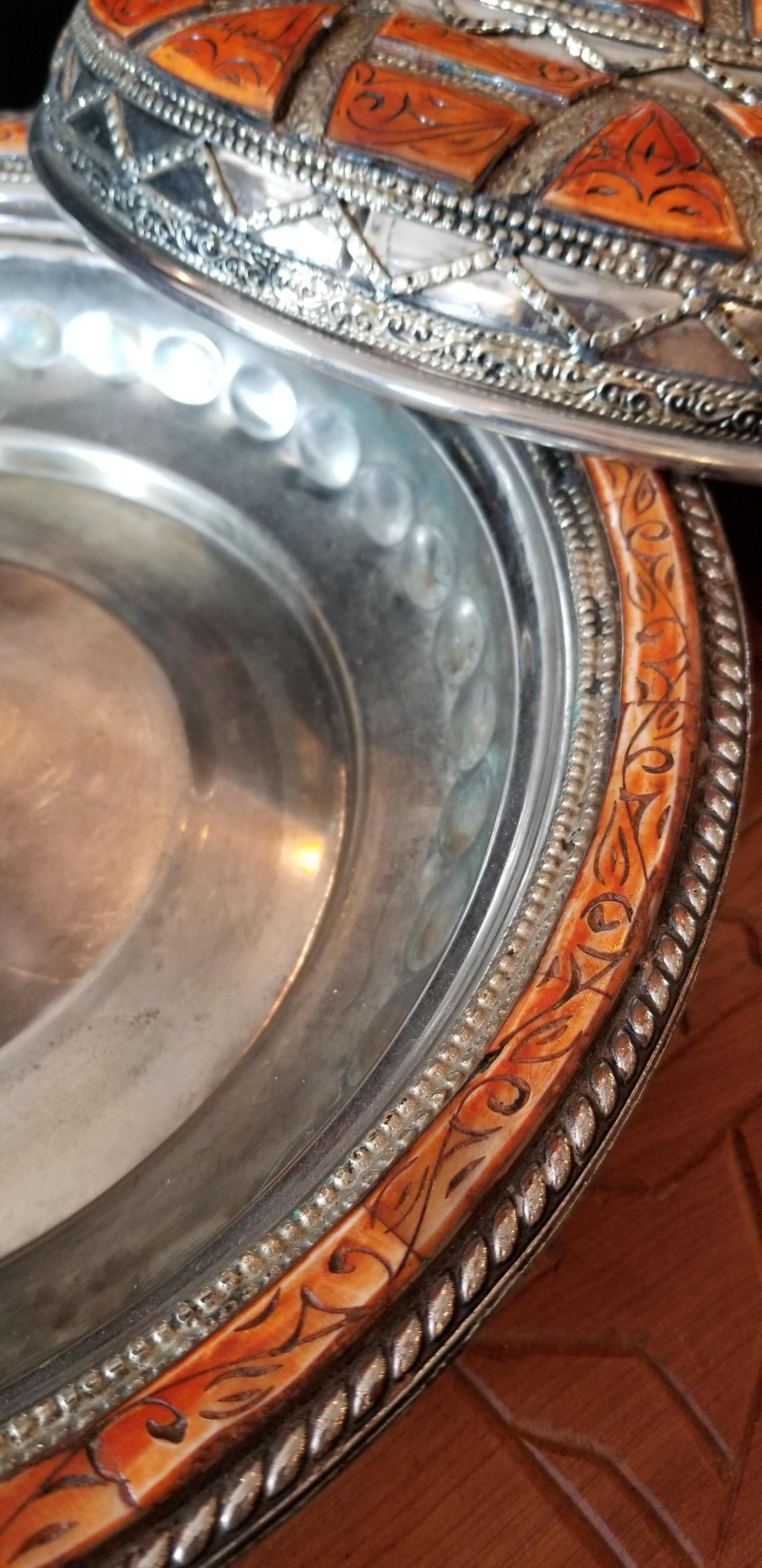 Moroccan Metal Tagine, Camel Bone Inlay For Sale 1