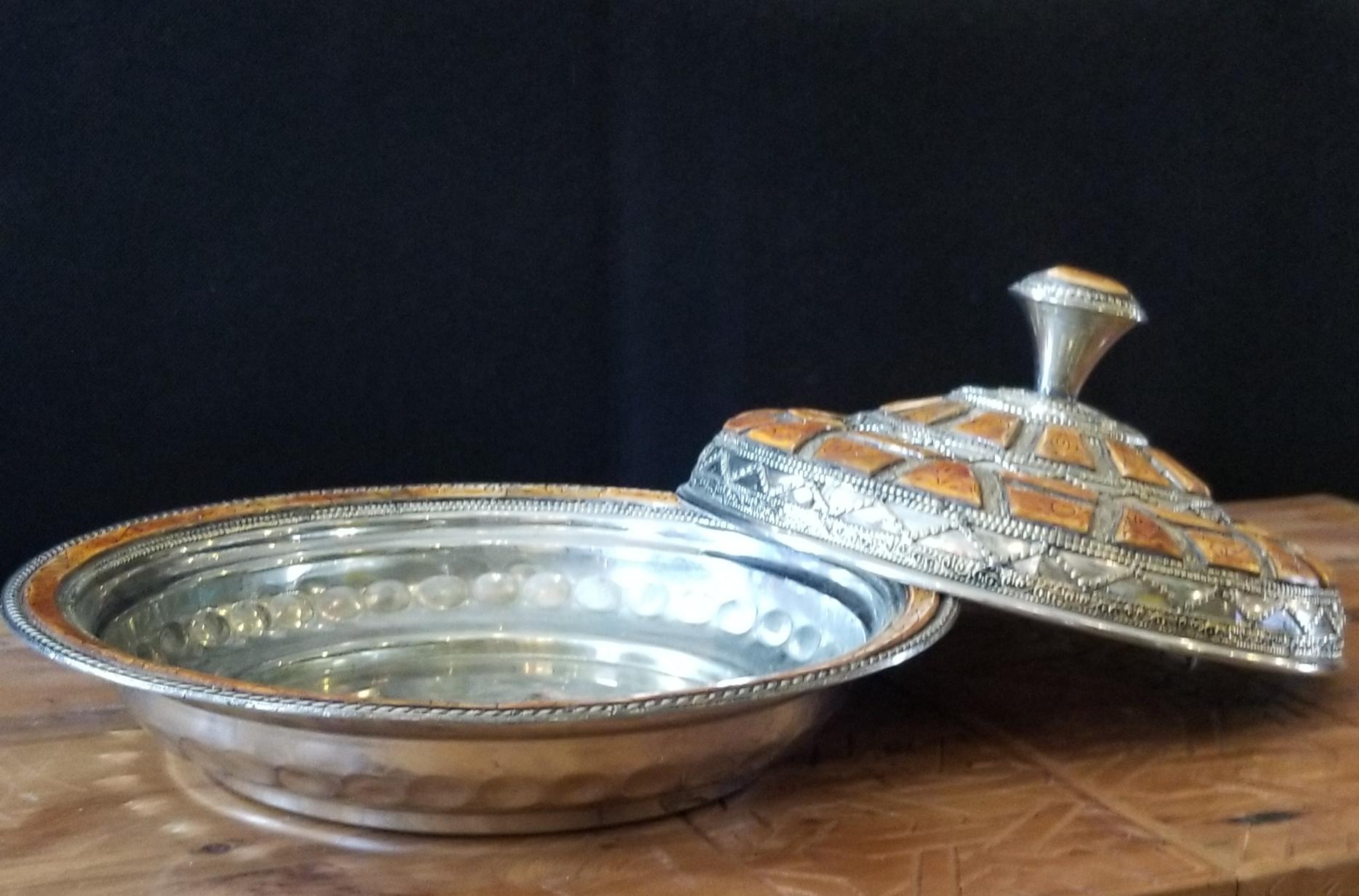 Moroccan Metal Tagine, Camel Bone Inlay For Sale 2