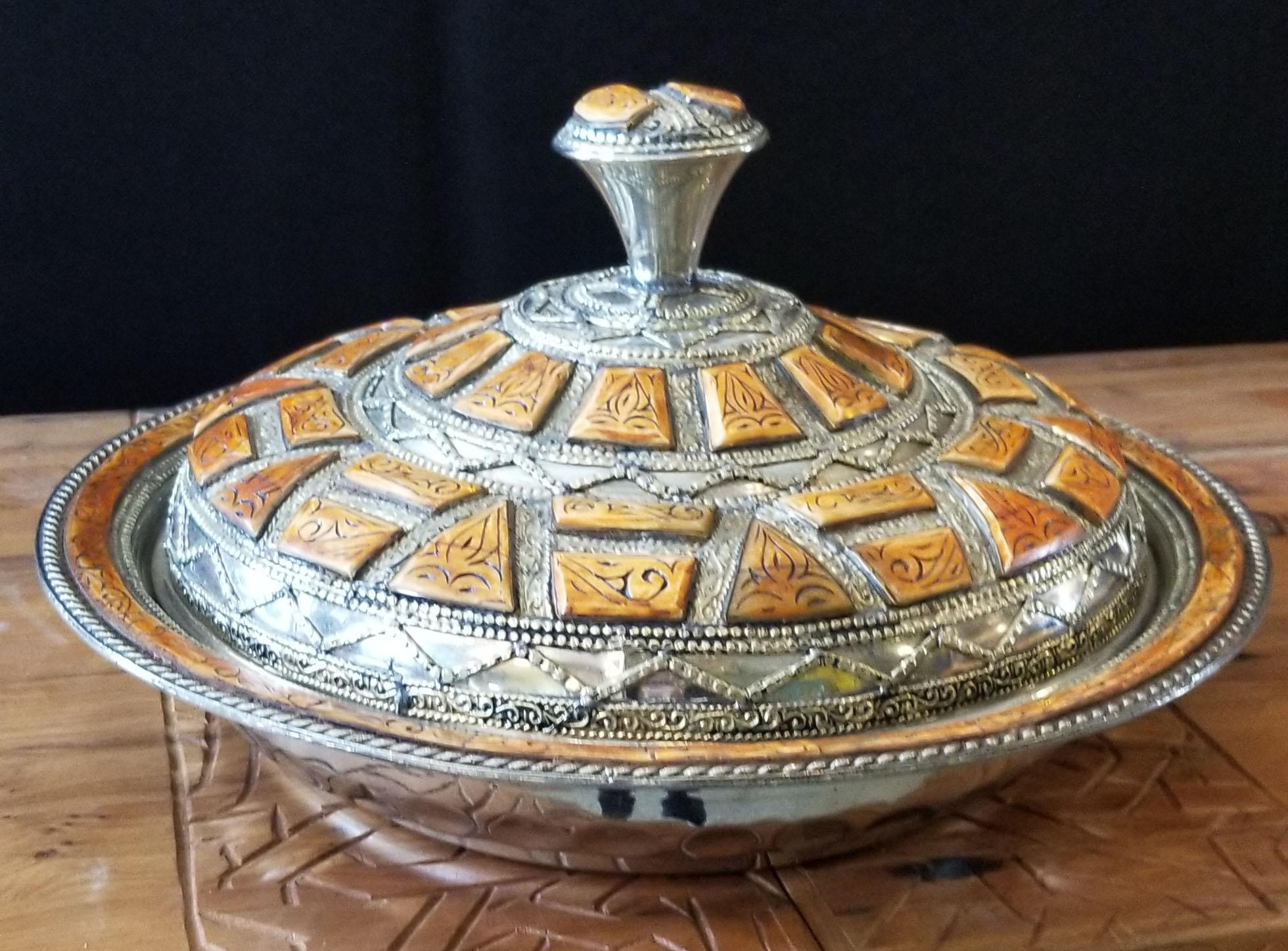 Moroccan Metal Tagine, Camel Bone Inlay For Sale 5