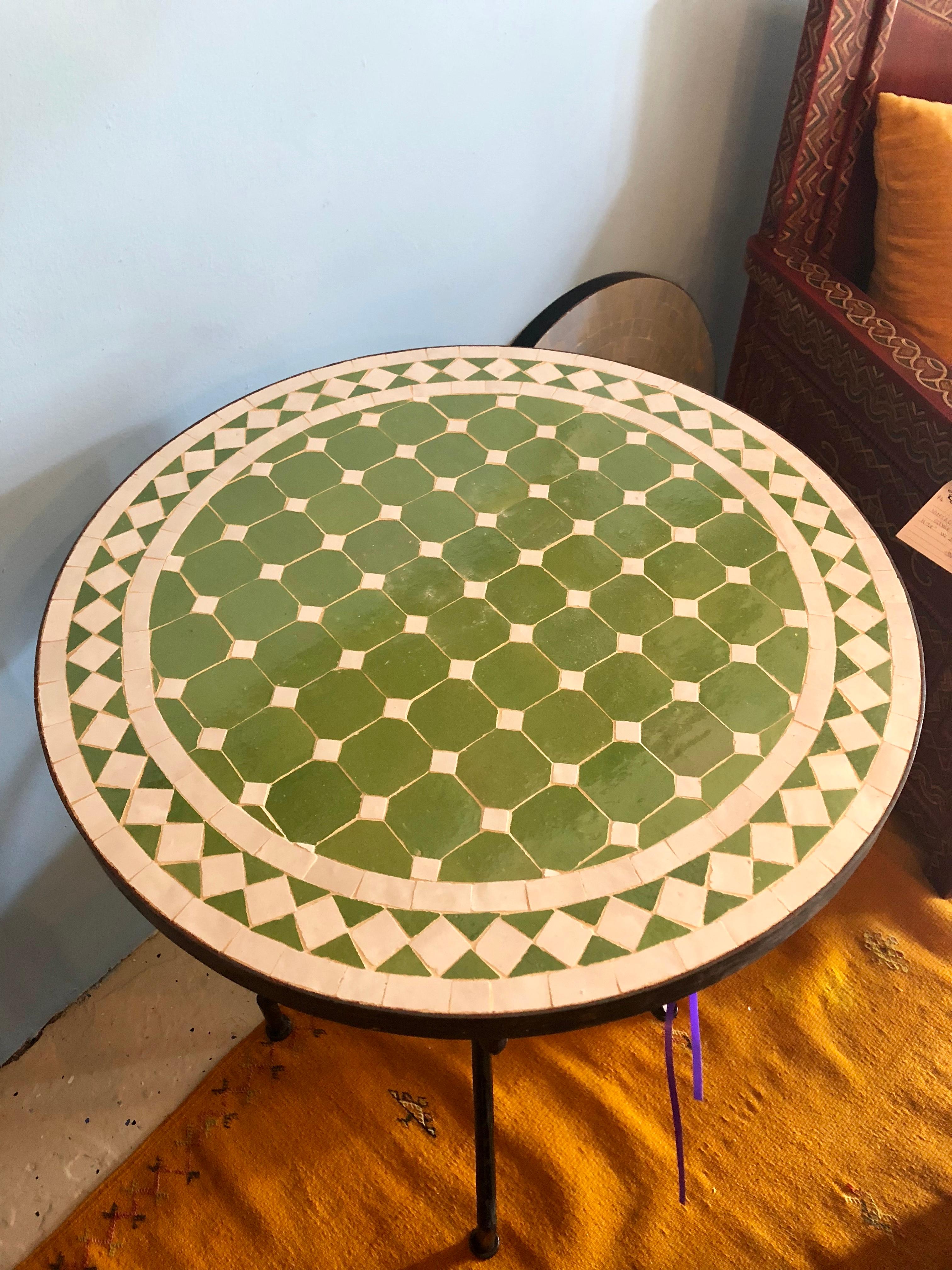 Moorish Moroccan Micro Mosaic Green Tabletop on a Wrought Iron Base