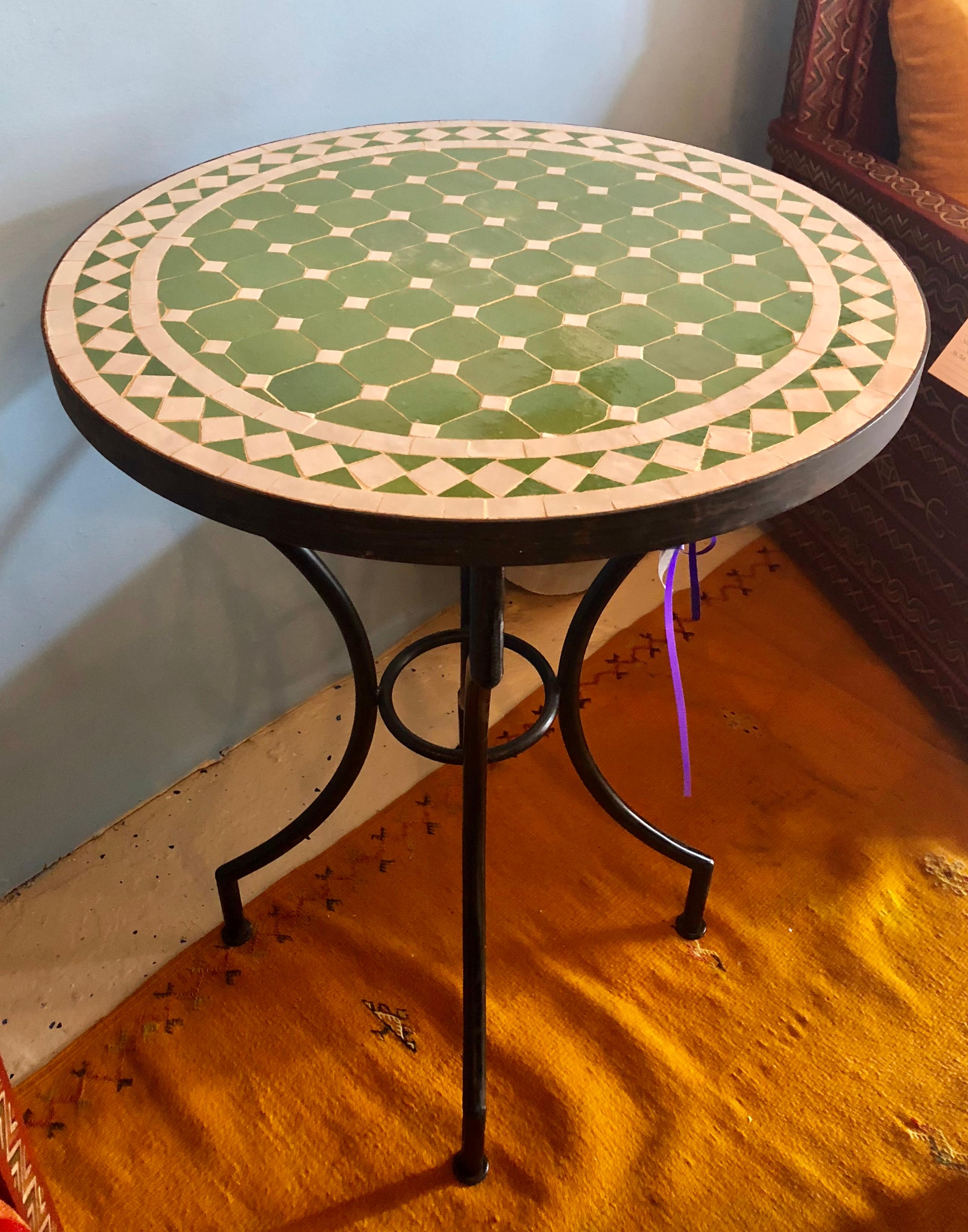 Moroccan Micro Mosaic Green Tabletop on a Wrought Iron Base In Good Condition In Stamford, CT