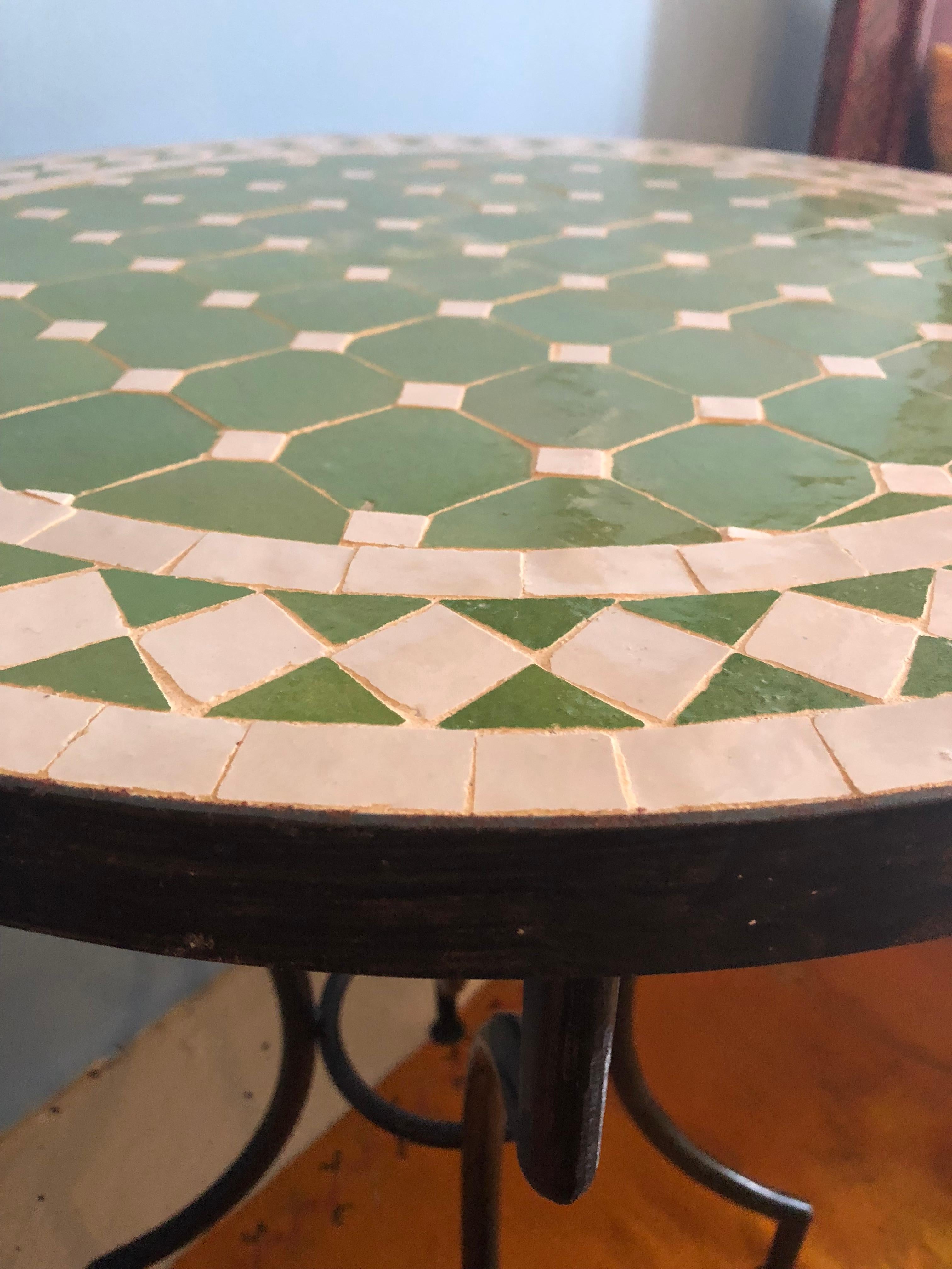 Cement Moroccan Micro Mosaic Green Tabletop on a Wrought Iron Base