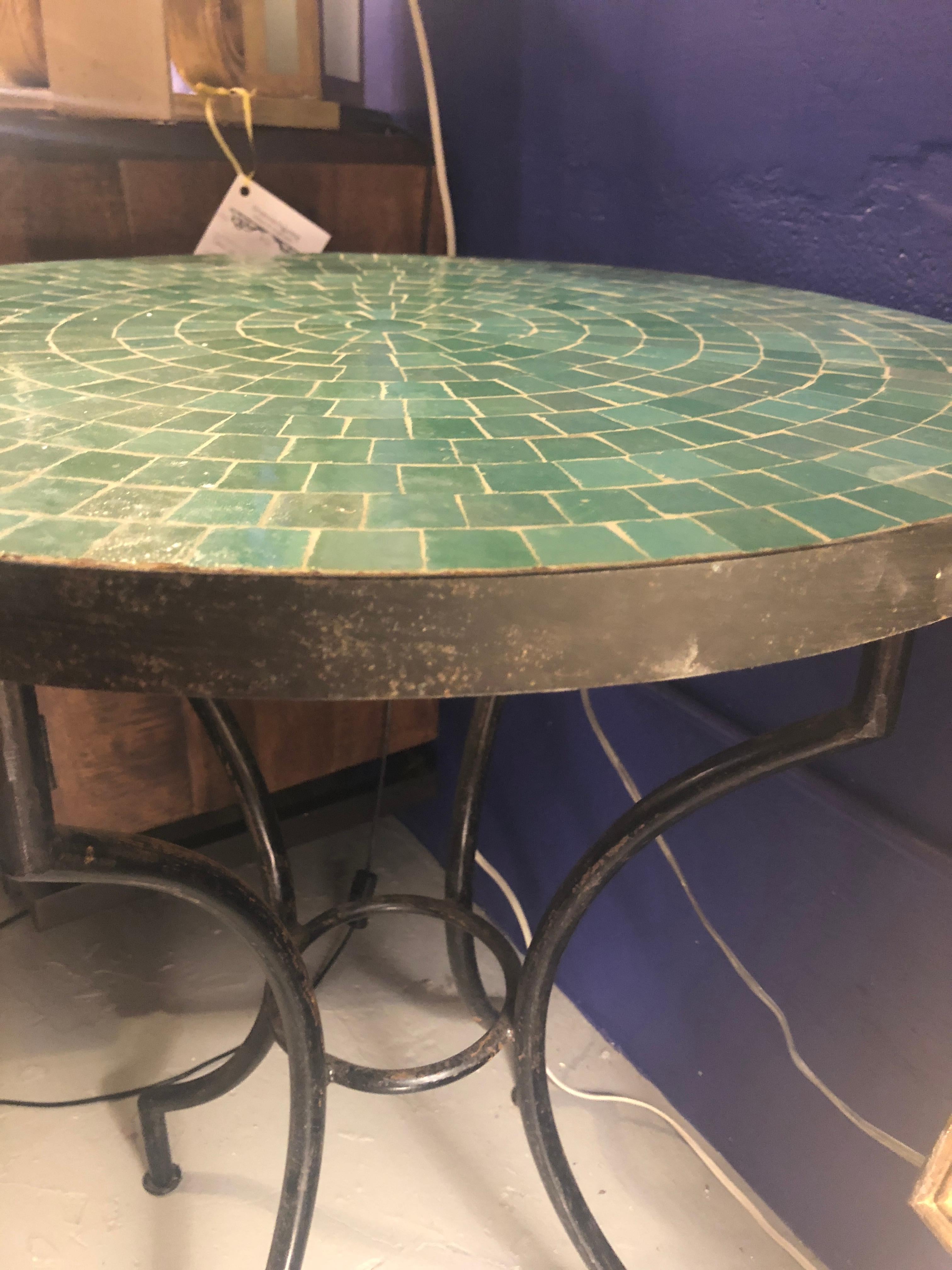 Moorish Moroccan Micro Mosaic Turquoise Green Tabletop on a Wrought Iron Base