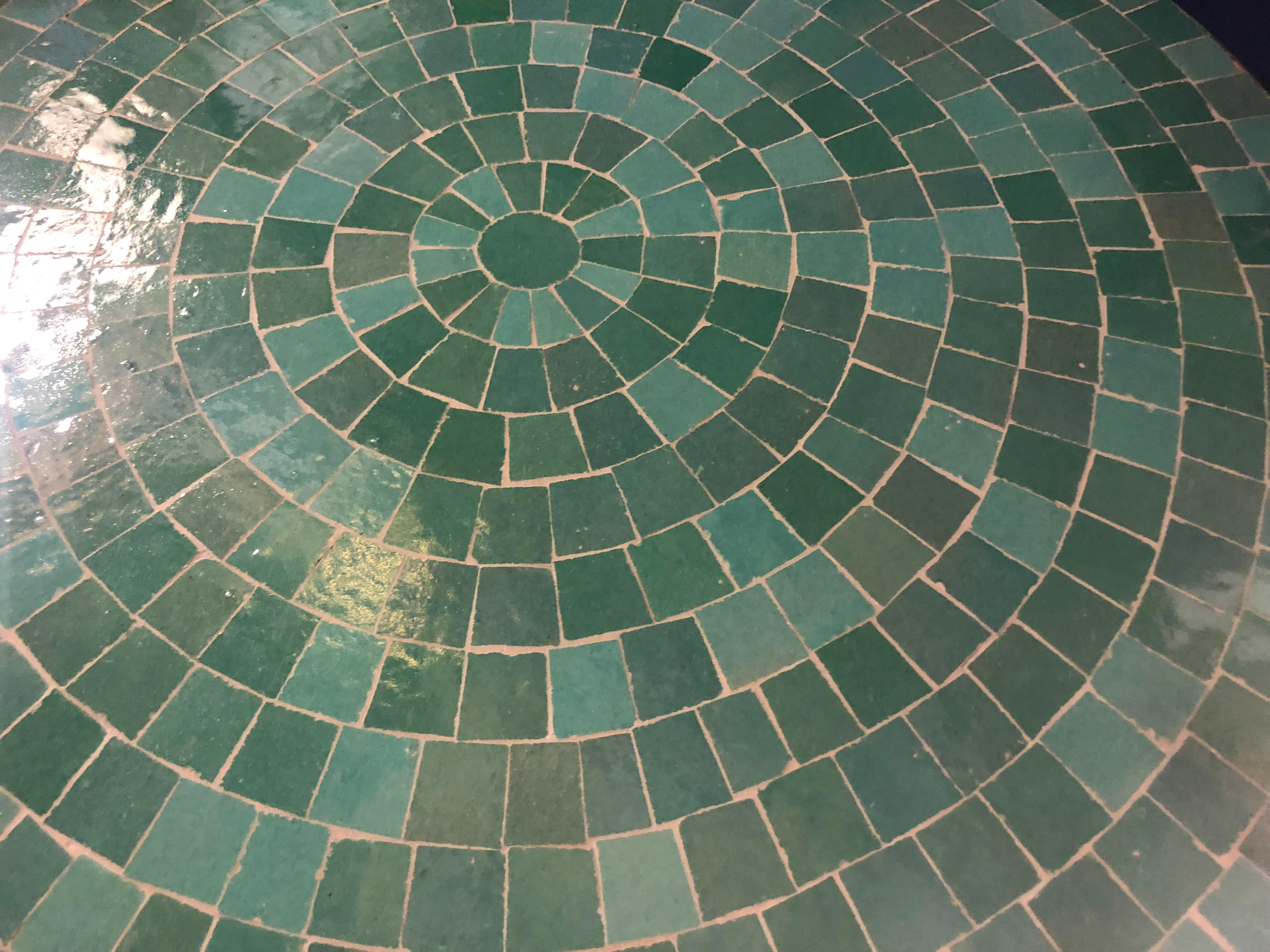 Moroccan Micro Mosaic Turquoise Green Tabletop on a Wrought Iron Base In Good Condition In Stamford, CT