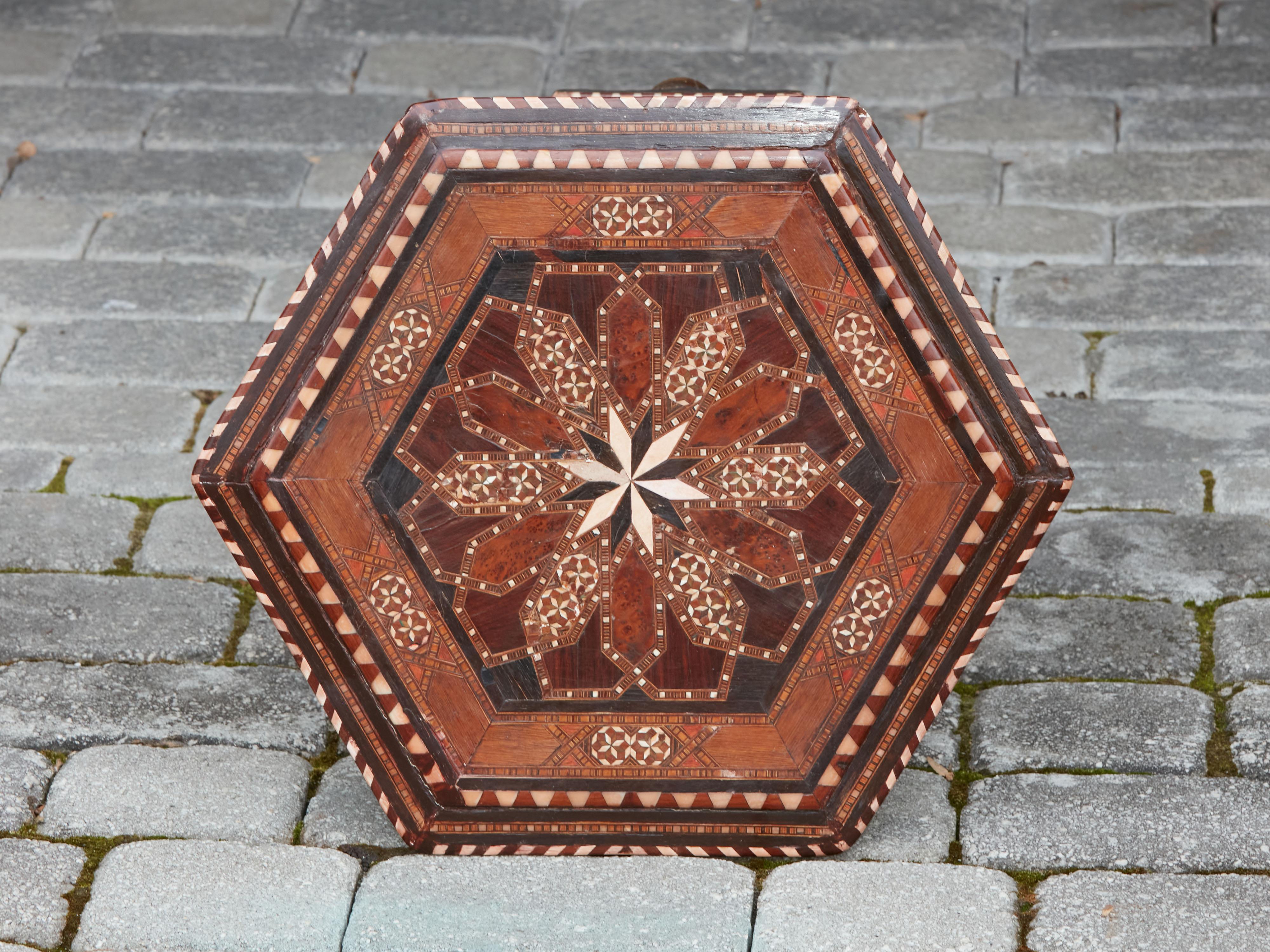 20th Century Moroccan Midcentury Hexagonal Guéridon Side Table with Geometric Inlaid Motifs