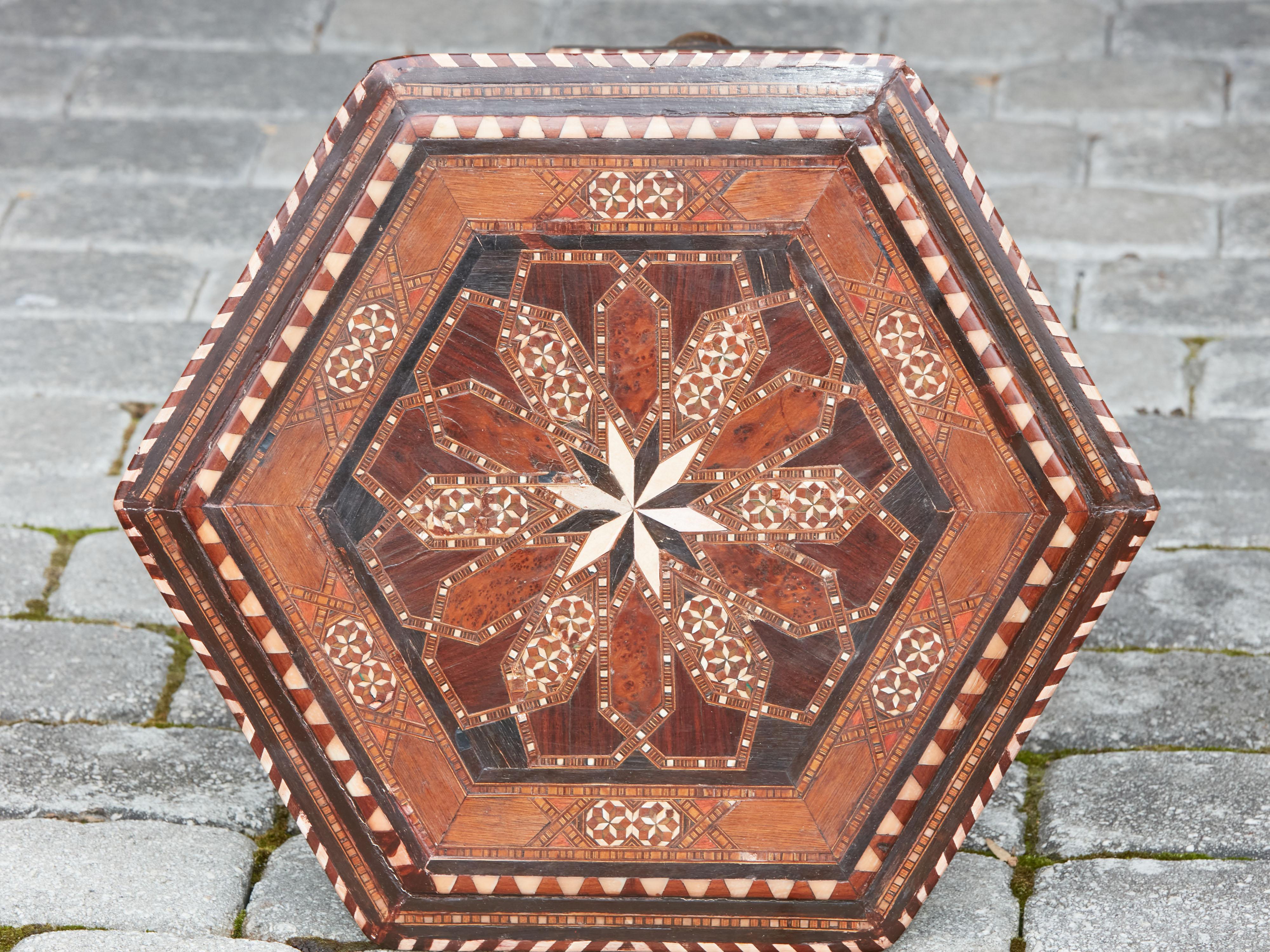 Bone Moroccan Midcentury Hexagonal Guéridon Side Table with Geometric Inlaid Motifs