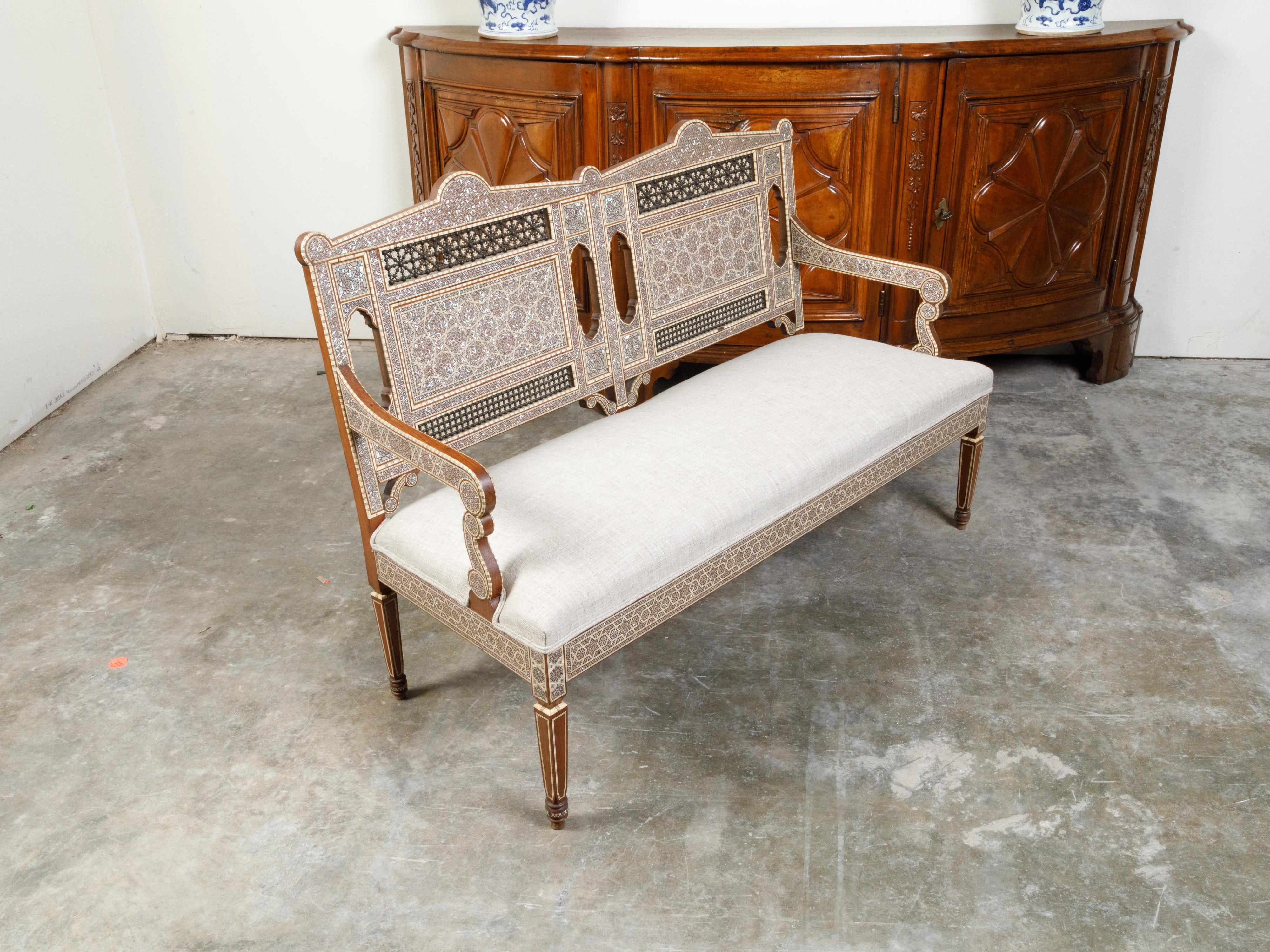 Moroccan Midcentury Settee with Mother-of-Pearl Inlay and New Upholstery 8