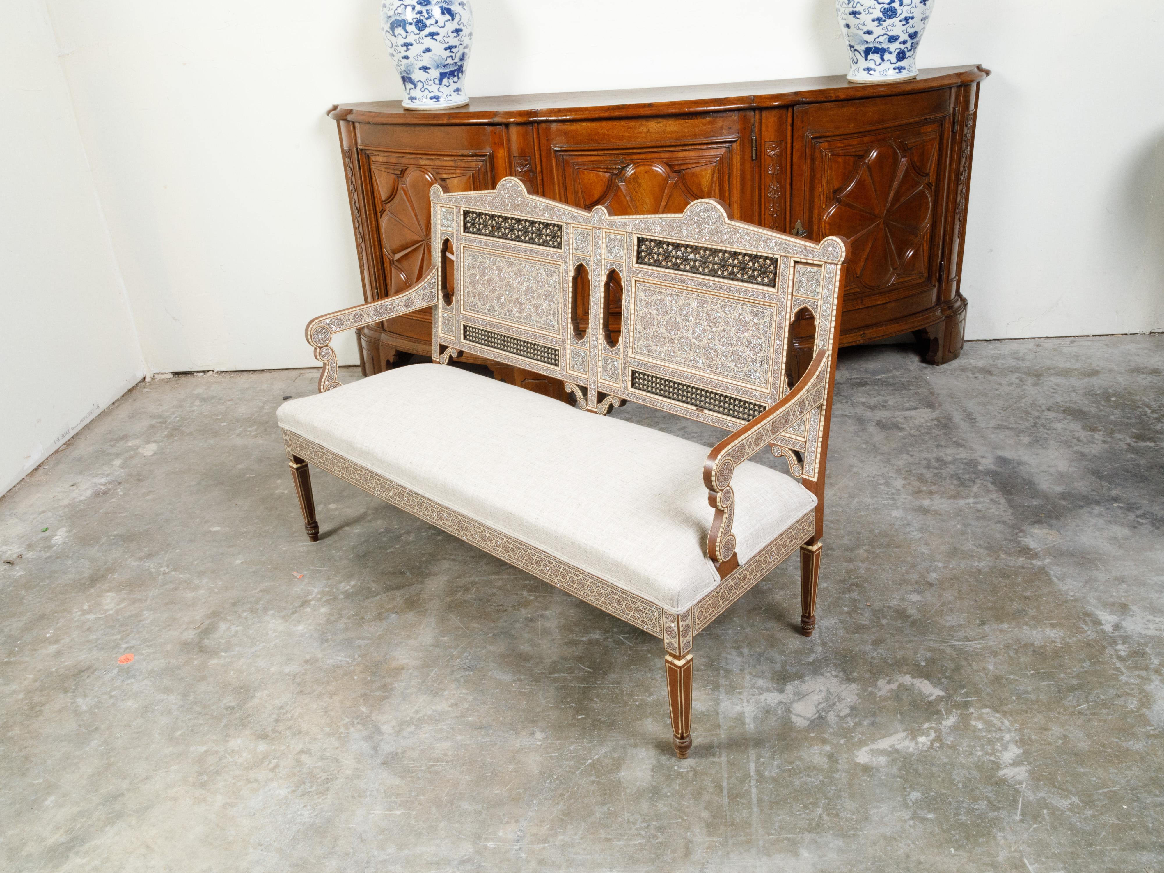 Moroccan Midcentury Settee with Mother-of-Pearl Inlay and New Upholstery 4