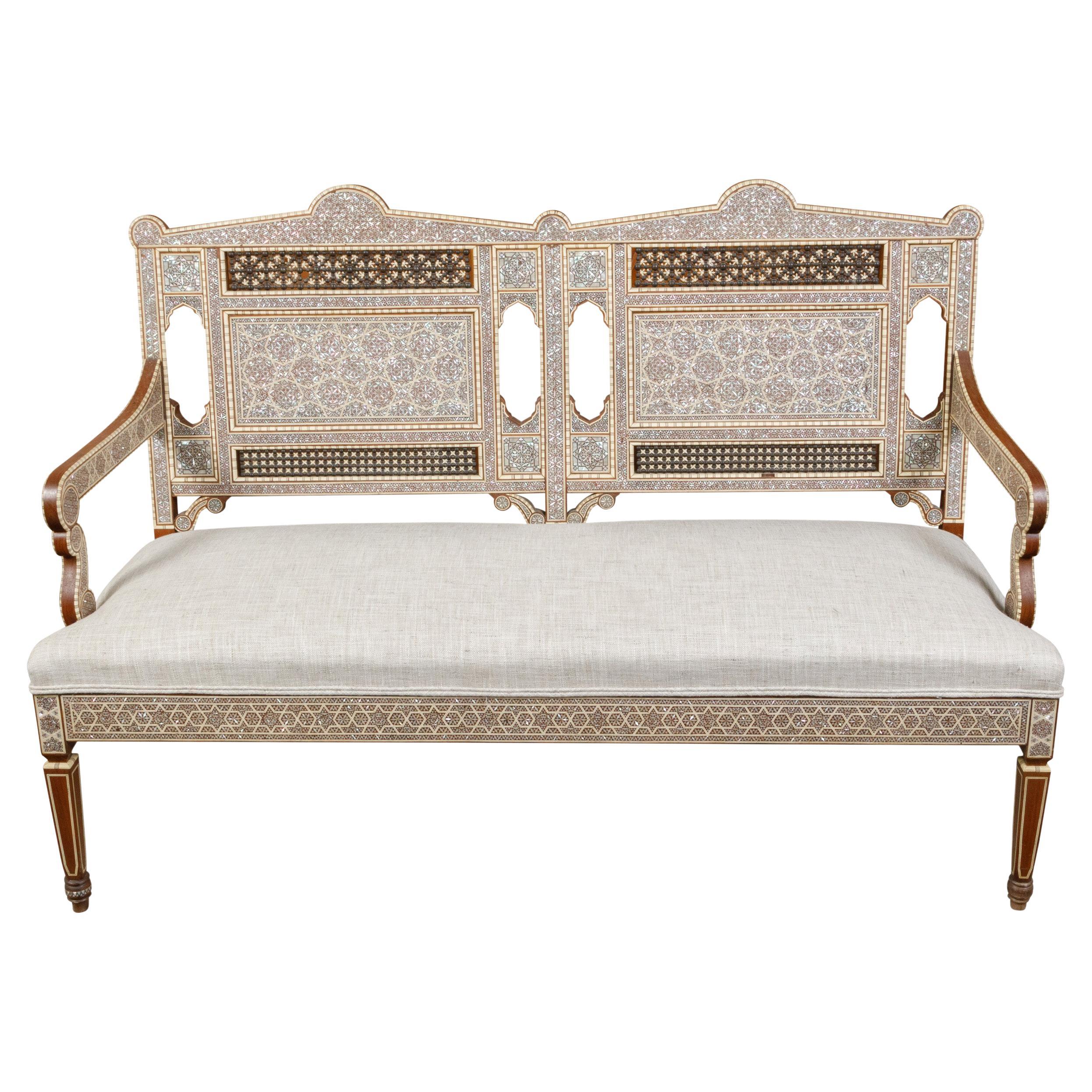 Moroccan Midcentury Settee with Mother-of-Pearl Inlay and New Upholstery