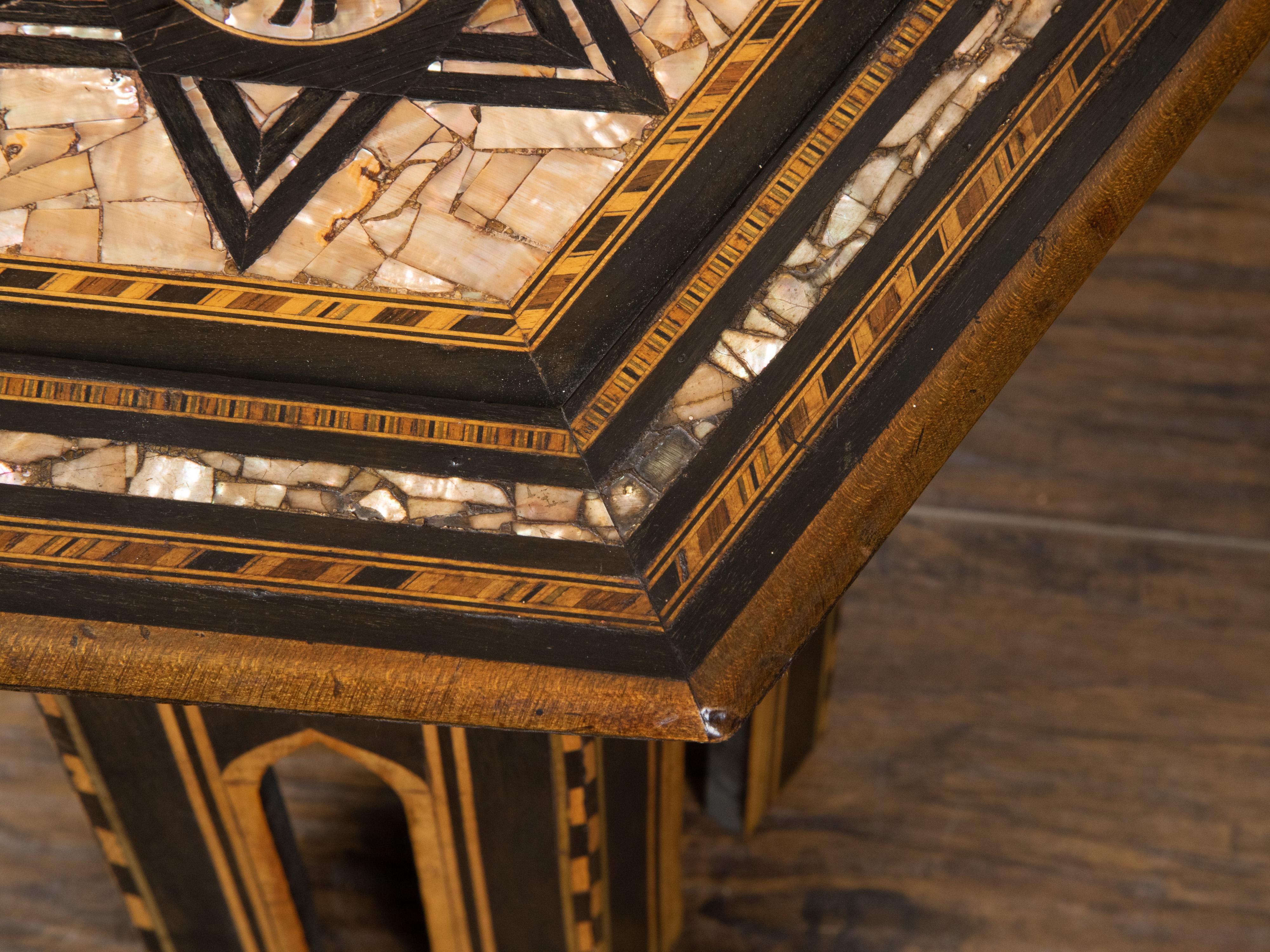 Moroccan Mid-Century Side Table with Hexagonal Top and Mother-of-pearl Inlay For Sale 5