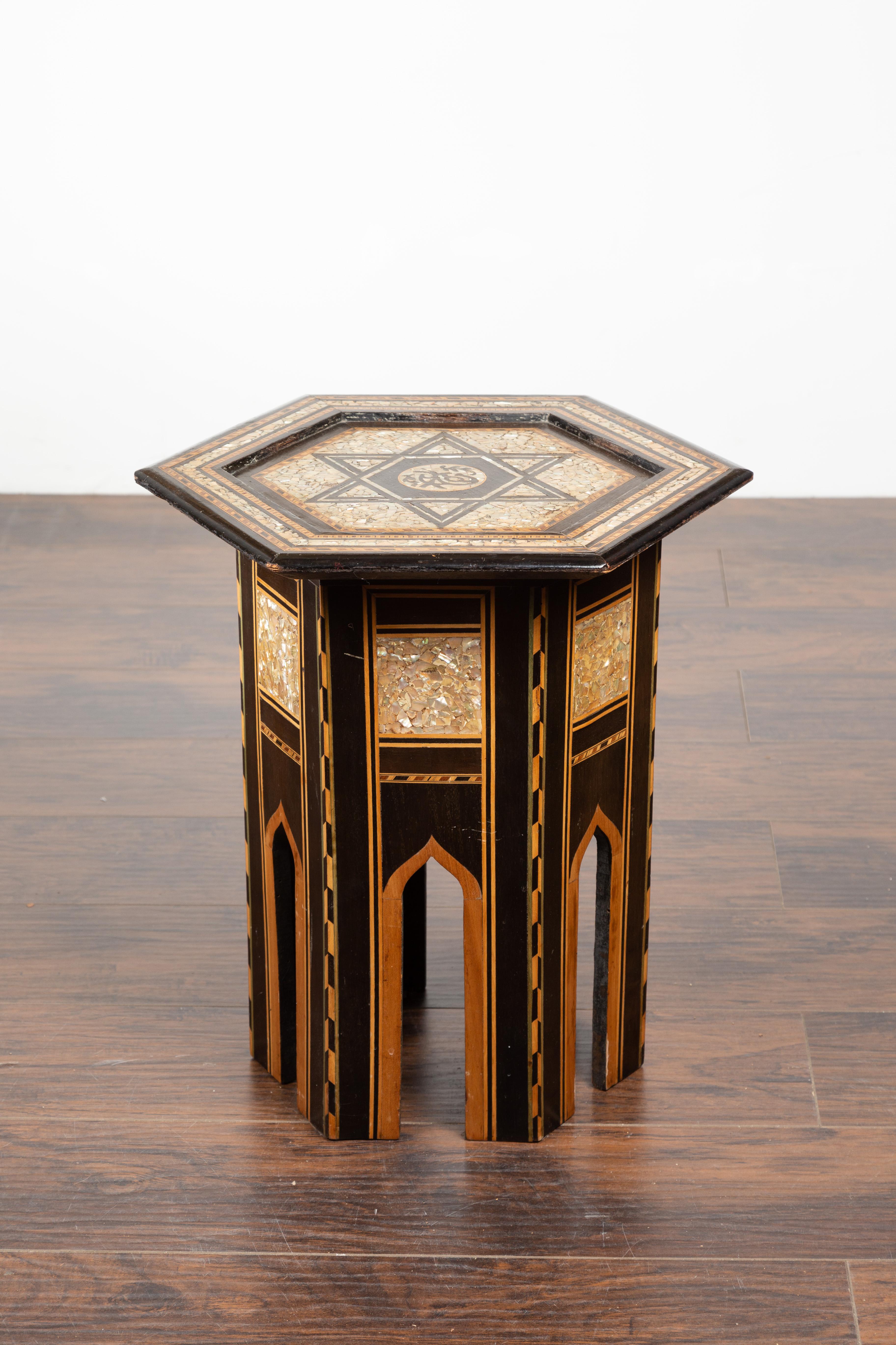 Moroccan Midcentury Side Table with Hexagonal Top and Mother-of-Pearl Inlay For Sale 6