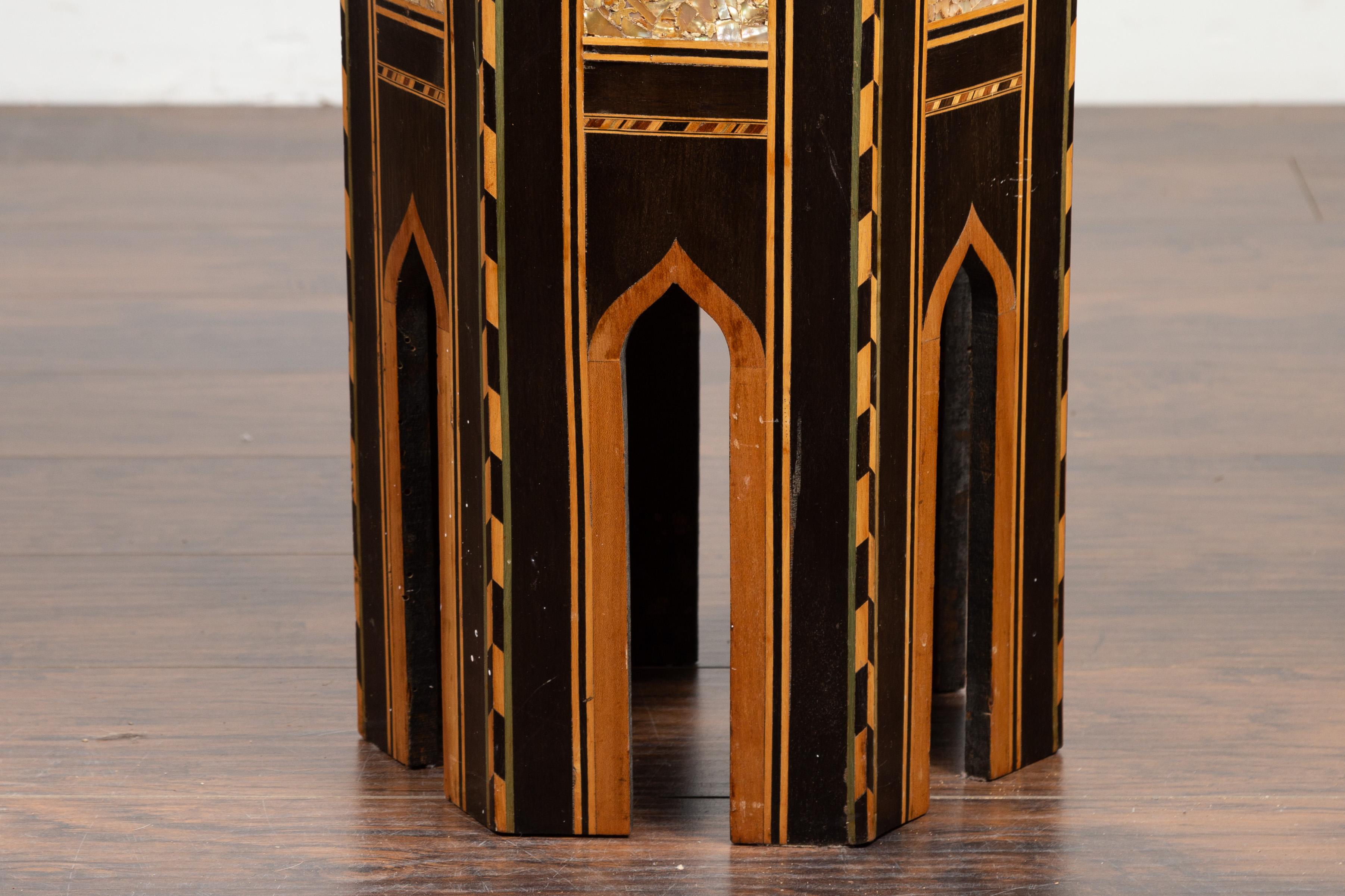 Moroccan Midcentury Side Table with Hexagonal Top and Mother-of-Pearl Inlay For Sale 9
