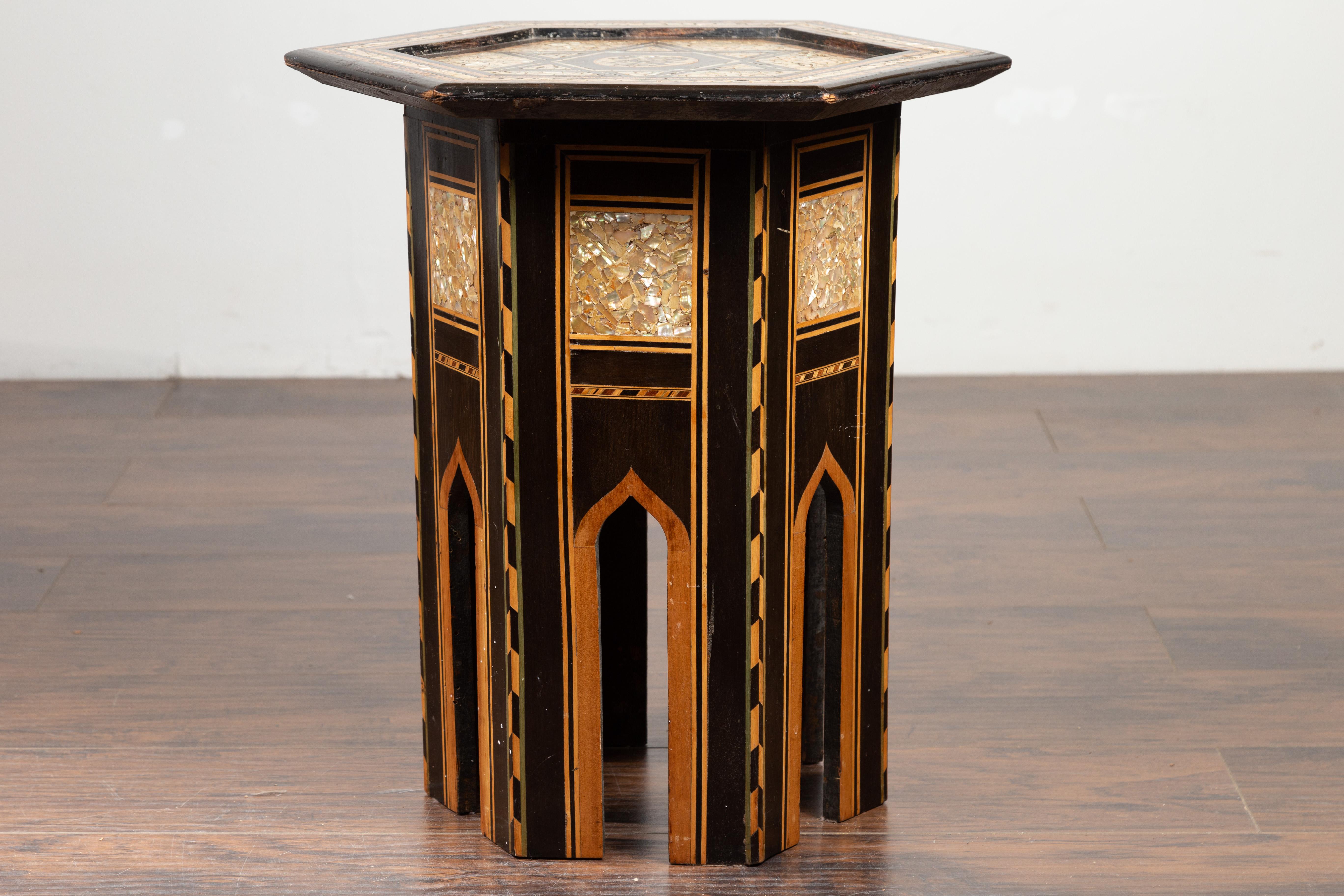 Moroccan Midcentury Side Table with Hexagonal Top and Mother-of-Pearl Inlay For Sale 10