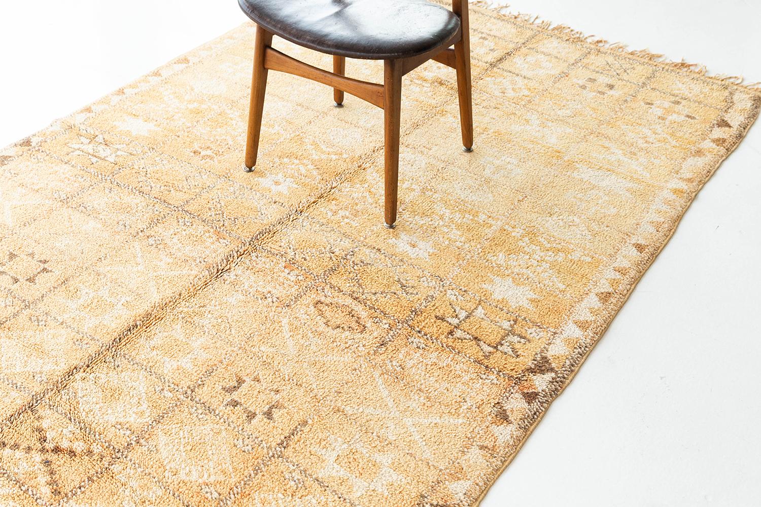 A stunning golden yellow Berber rug from the Middle Atlas Tribe of Morocco. This unique handwoven pile weave will add brighten up any space and will add character with its symbolic imagery and geometric patterning. 


Rug number: 17536
Size: 5'