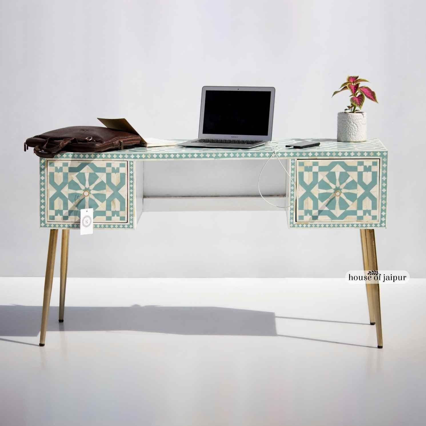 Elevate your workspace with this exquisite Moroccan Bone Inlay Work Desk, a perfect blend of craftsmanship, elegance, and modern functionality. Inspired by traditional Moroccan tile patterns, the desk features a soothing mint green palette paired