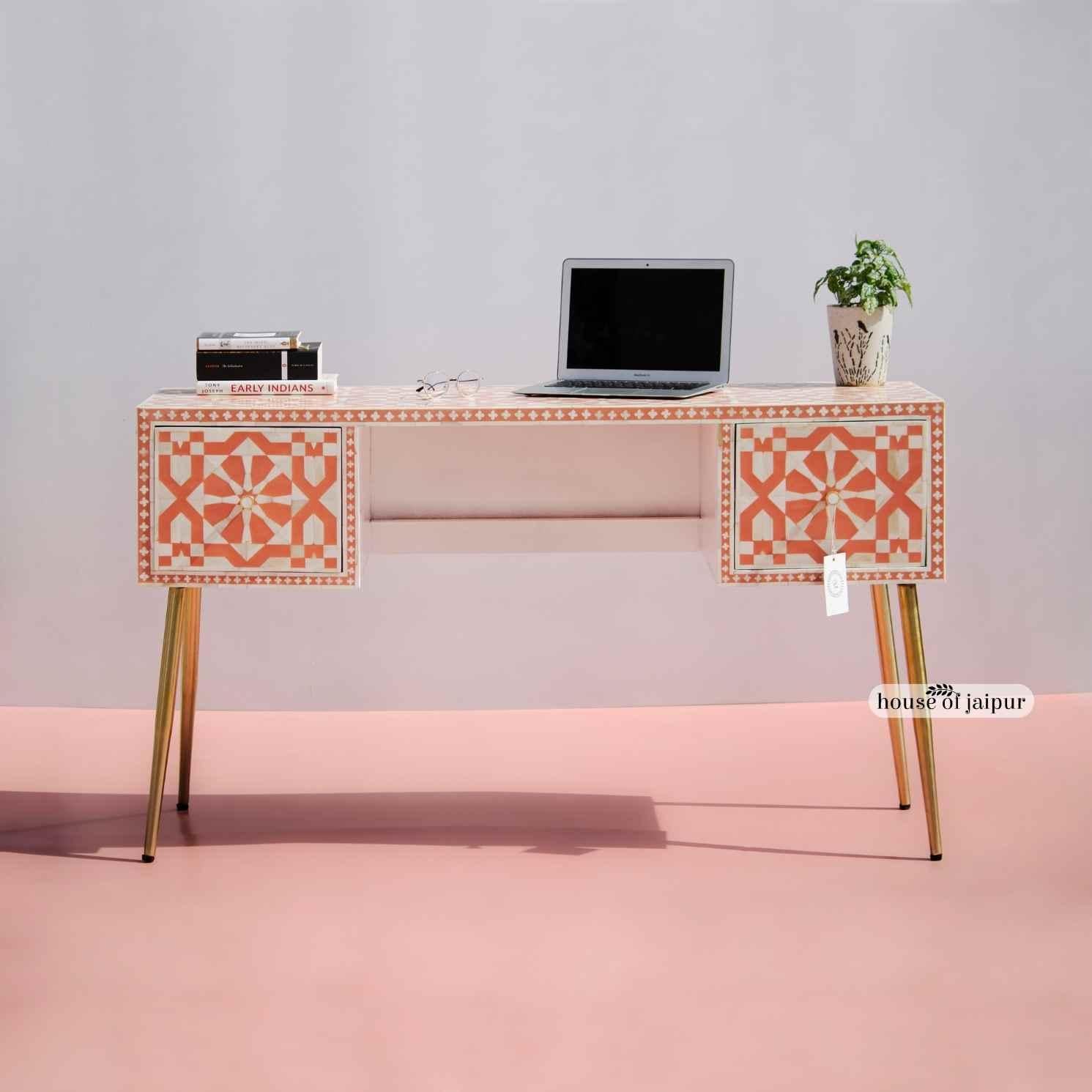 Intarsio Moroccan Mint Bone Inlay Work Desk by House of Jaipur in vendita