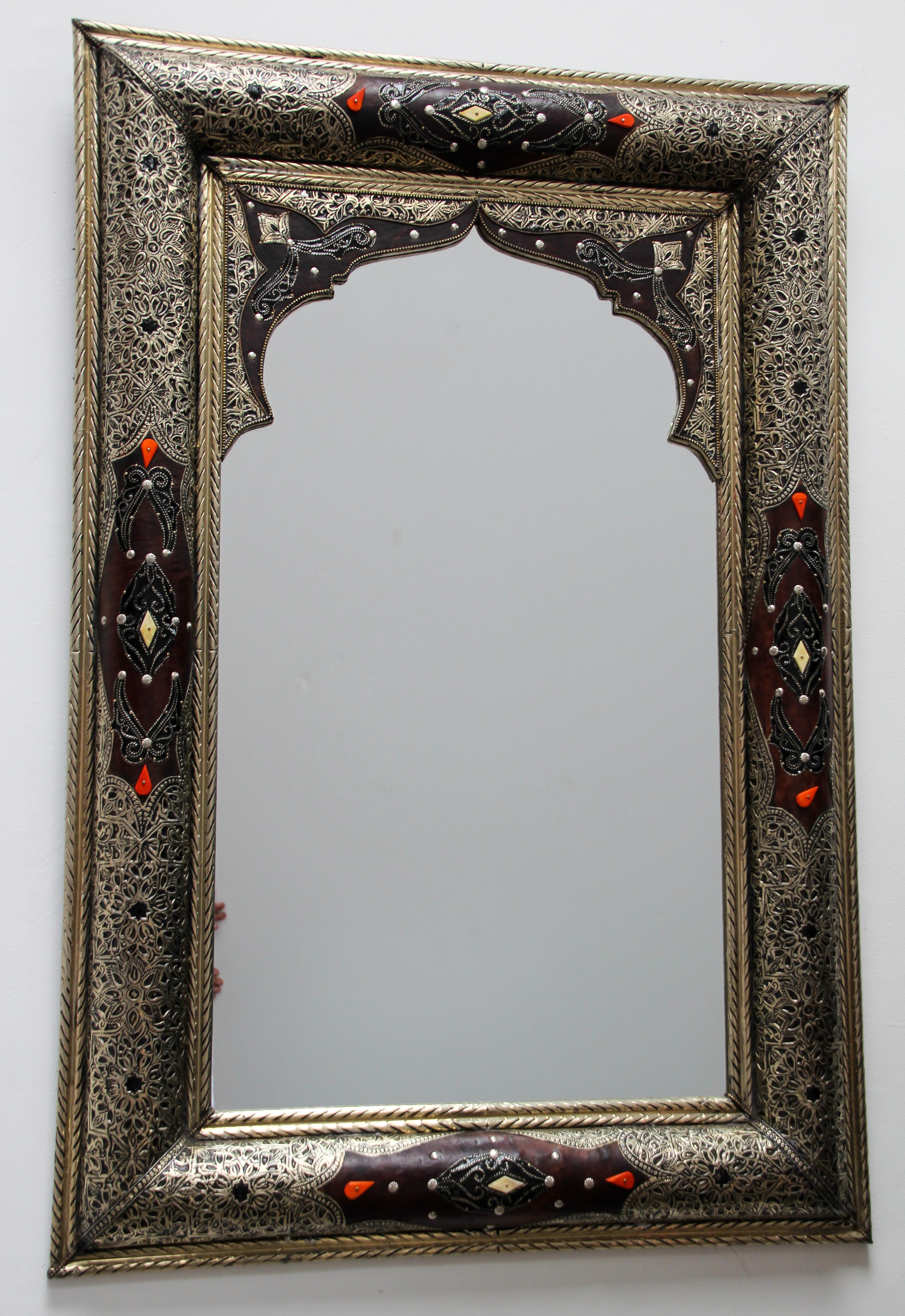 Moroccan Mirror Silvered Metal and Leather Wrapped 9