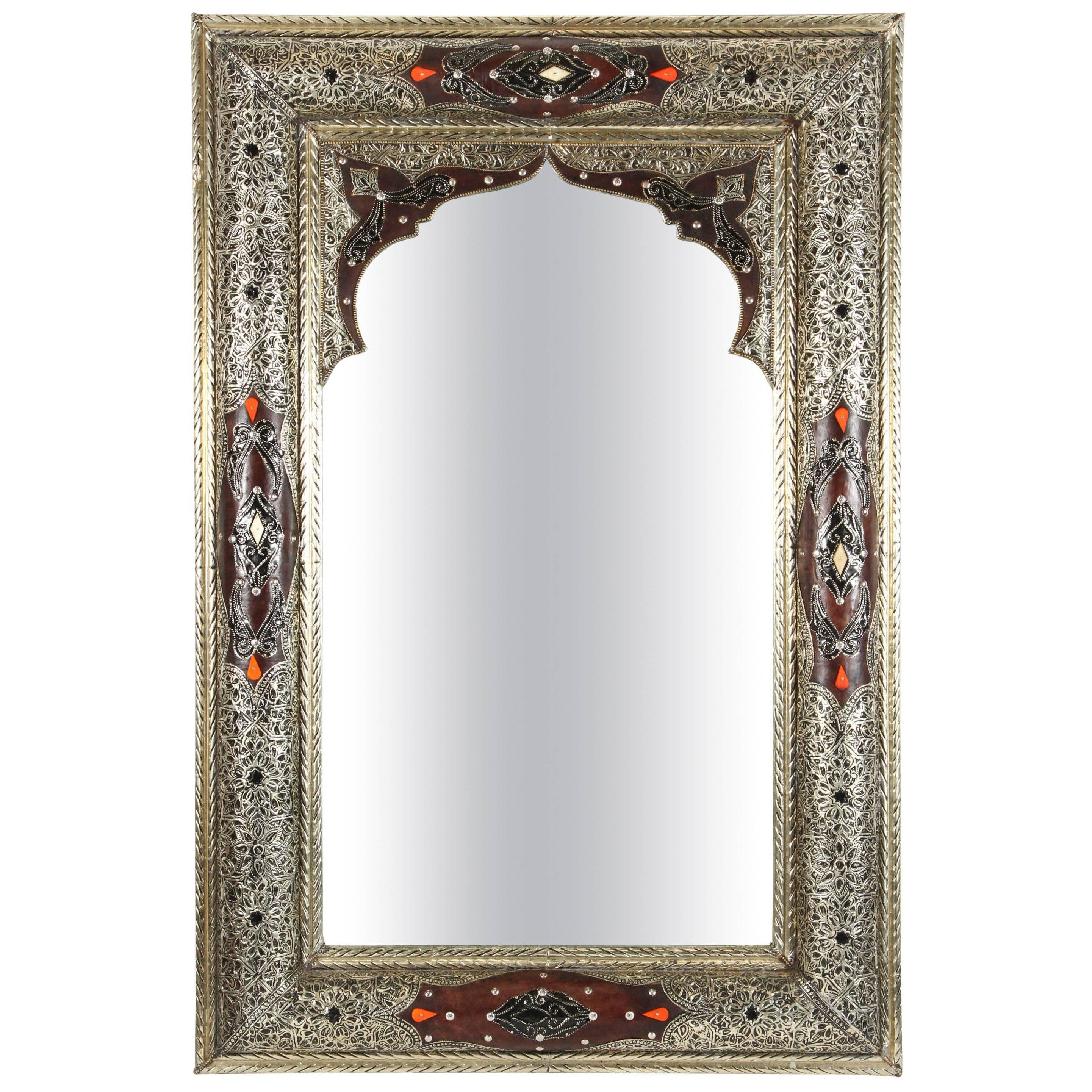 Moroccan Mirror Silvered Metal and Leather Wrapped