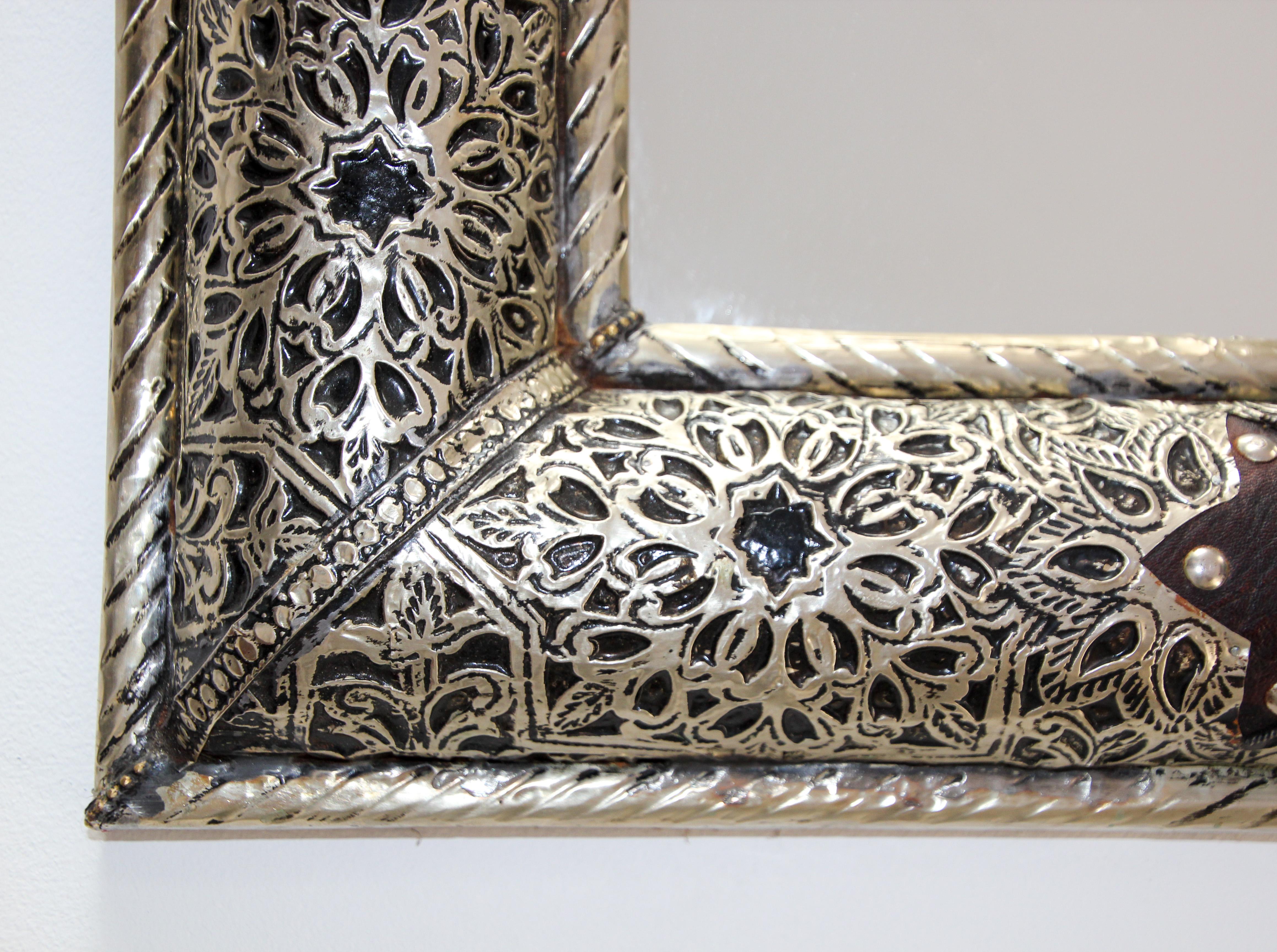 Moroccan Mirror with Silver Filigree and Repousse Metal 1