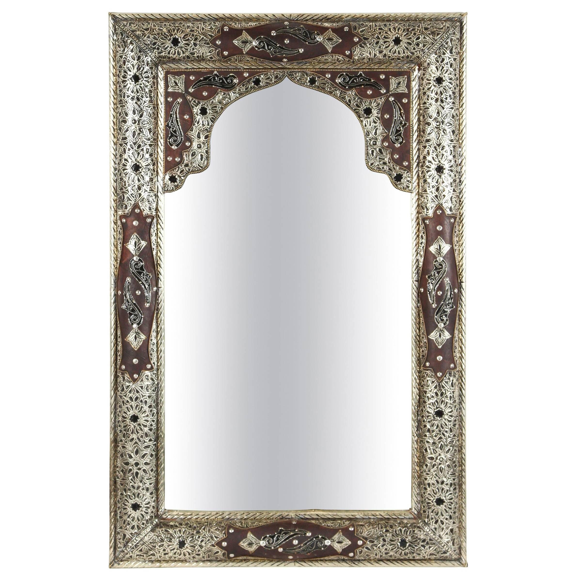 Moroccan Mirror with Silver Filigree and Repousse Metal