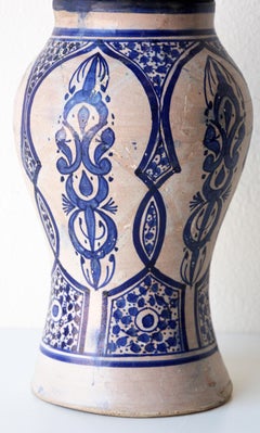 Moroccan Moorish Blue and White Ceramic Lidded Urn from Fez