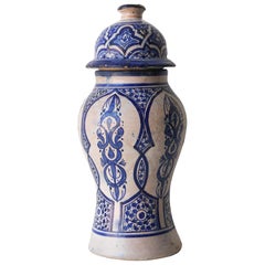 Moroccan Moorish Blue and White Ceramic Lidded Urn from Fez