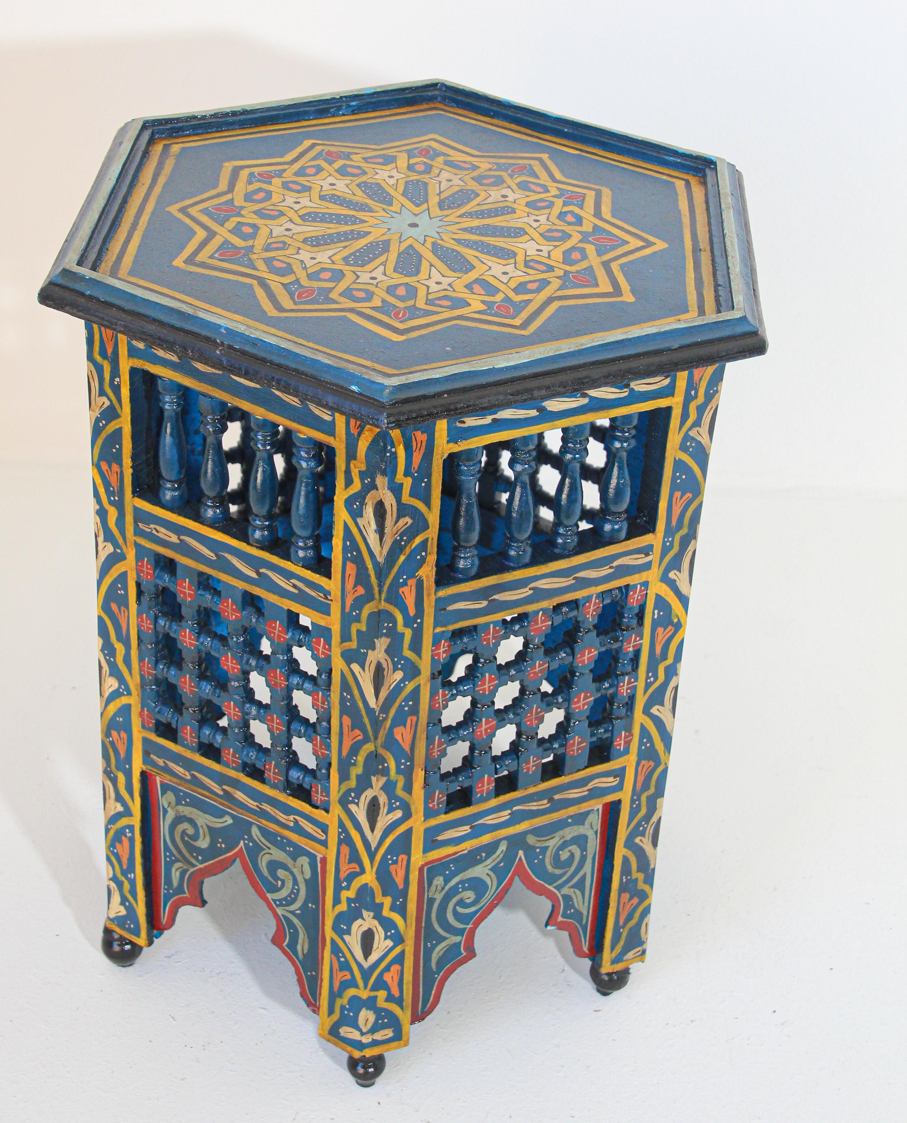 Hand-Carved Moroccan Moorish Blue Hand Painted Side Table