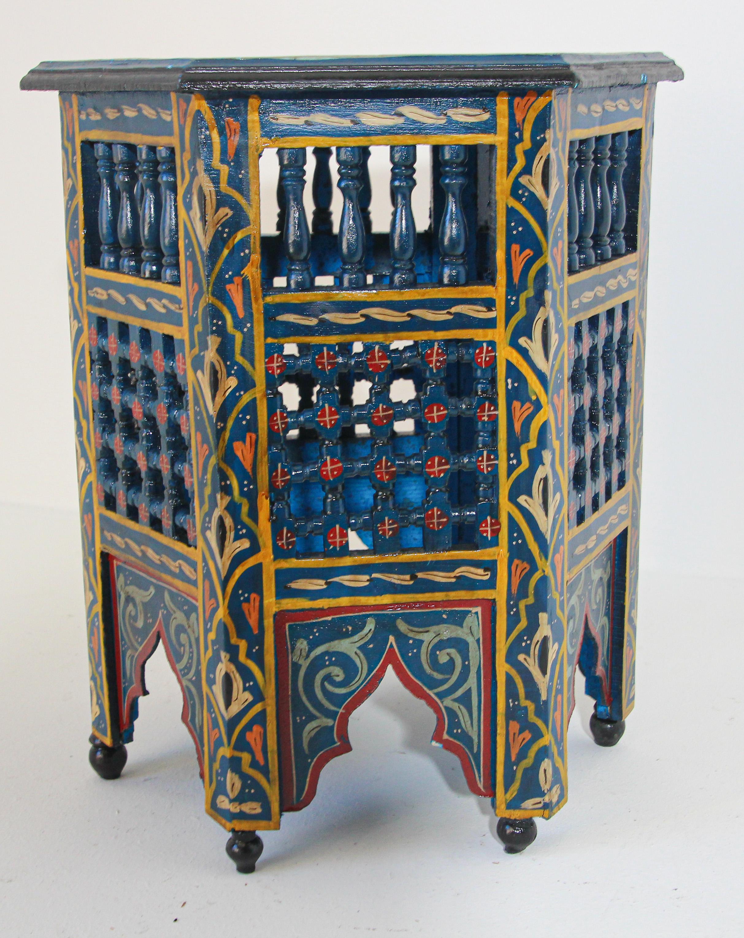 Moroccan Moorish Blue Hand Painted Side Table In Good Condition In North Hollywood, CA
