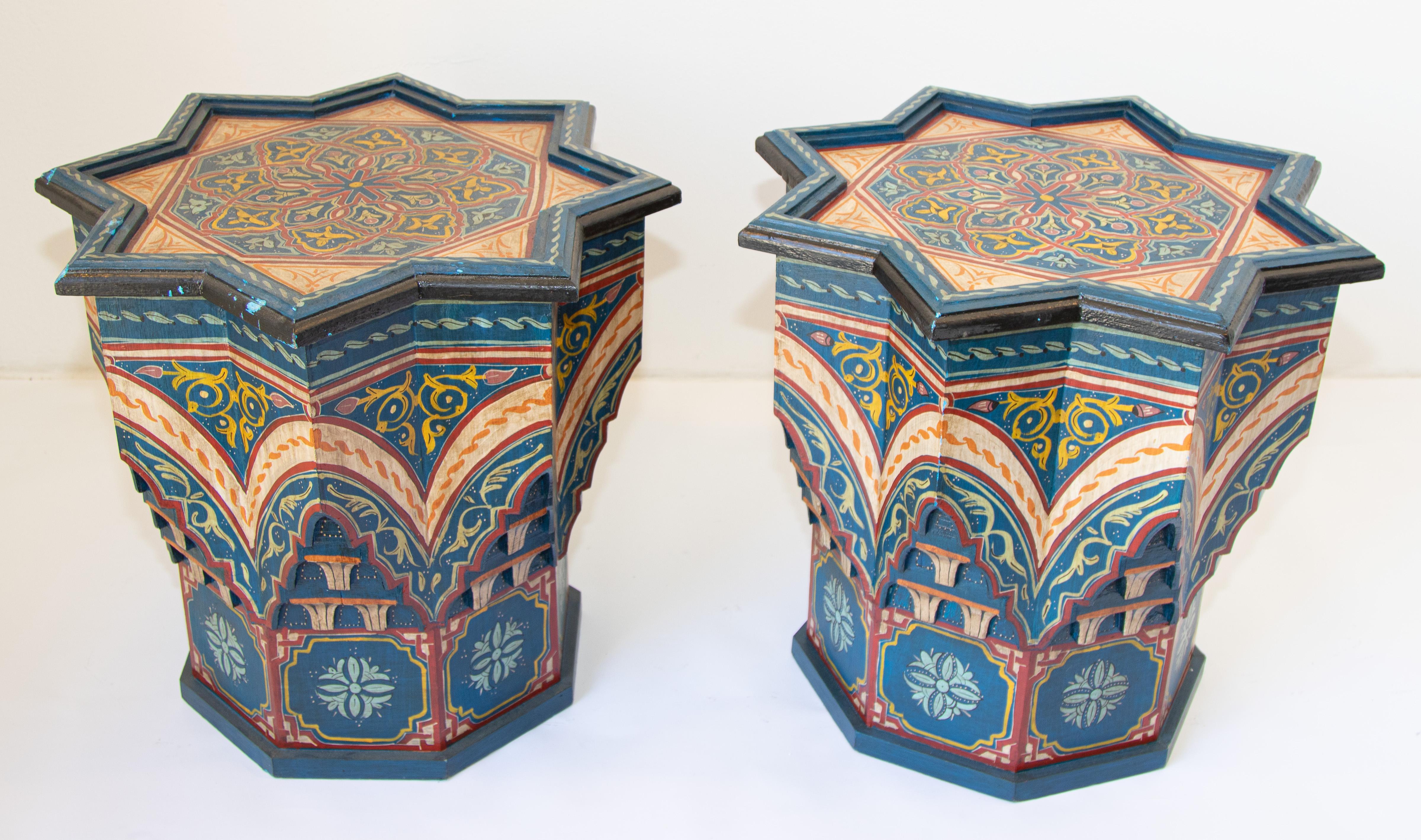 Moroccan colorful blue color hand painted and carved side occasional tables with Moorish designs.
Vintage Moroccan Pedestal tables in cobalt blue background with multicolored floral and geometric designs.
Very decorative Moroccan tables with fine