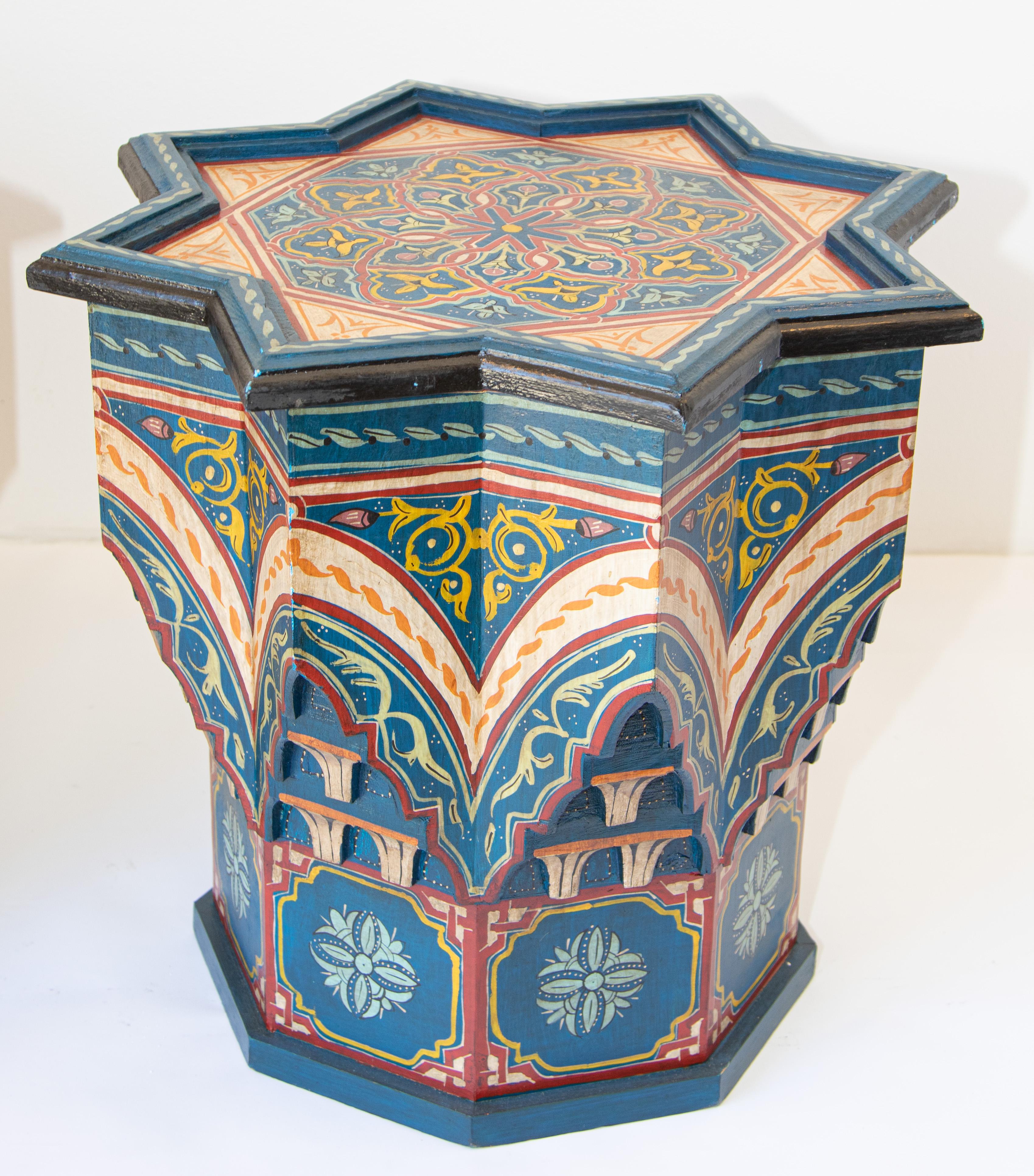 Hand-Carved Moroccan Moorish Blue Star Side Tables a Pair