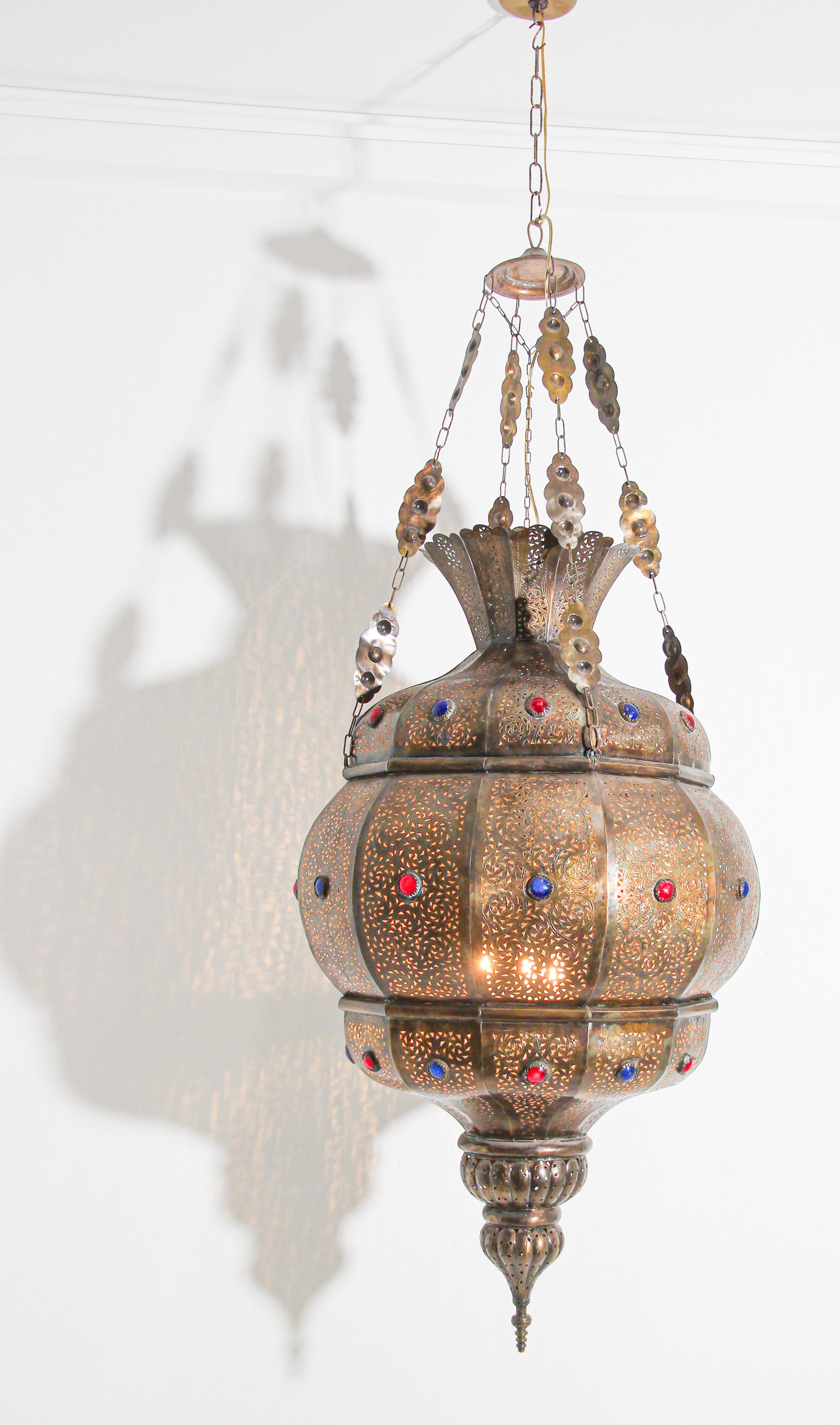 Hand-Carved Moroccan Moorish Brass Chandelier For Sale