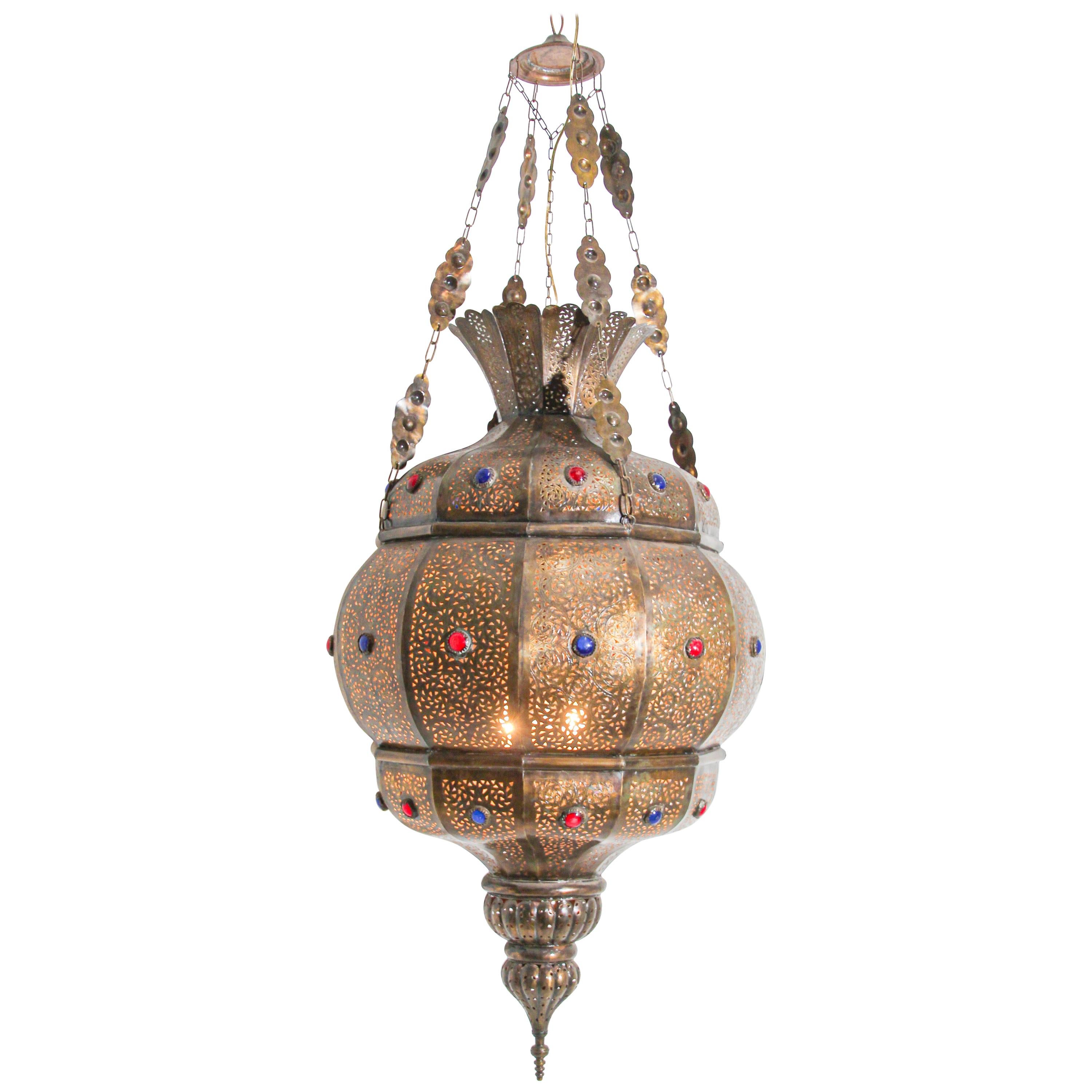 Details about   Handcrafted Moroccan Jeweled Matte Gold Brass Ceiling light Fixture Lamp Lantern 