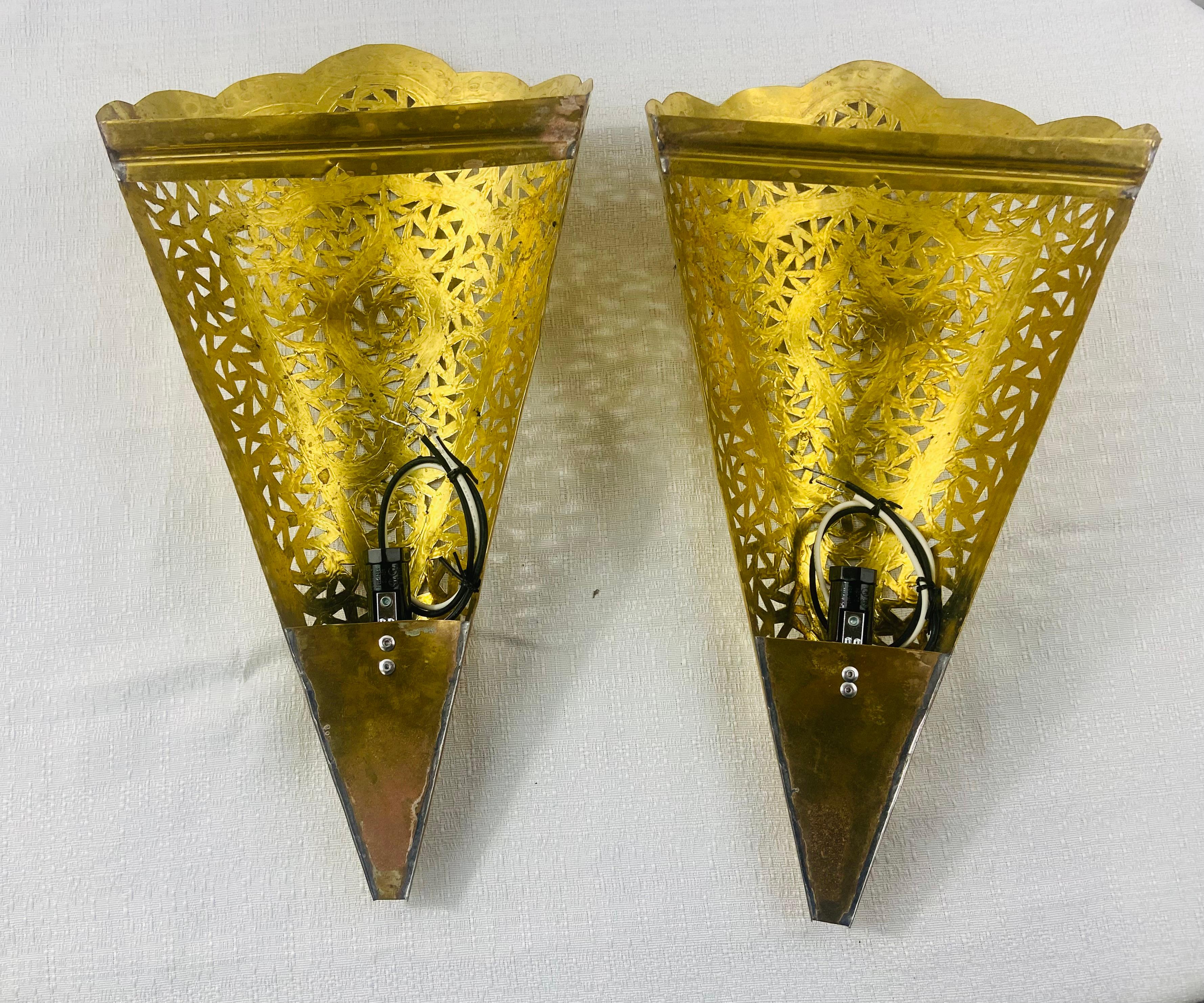 Vintage Moroccan Moorish Brass Cone Shaped Wall Sconce Shade, a Pair For Sale 10
