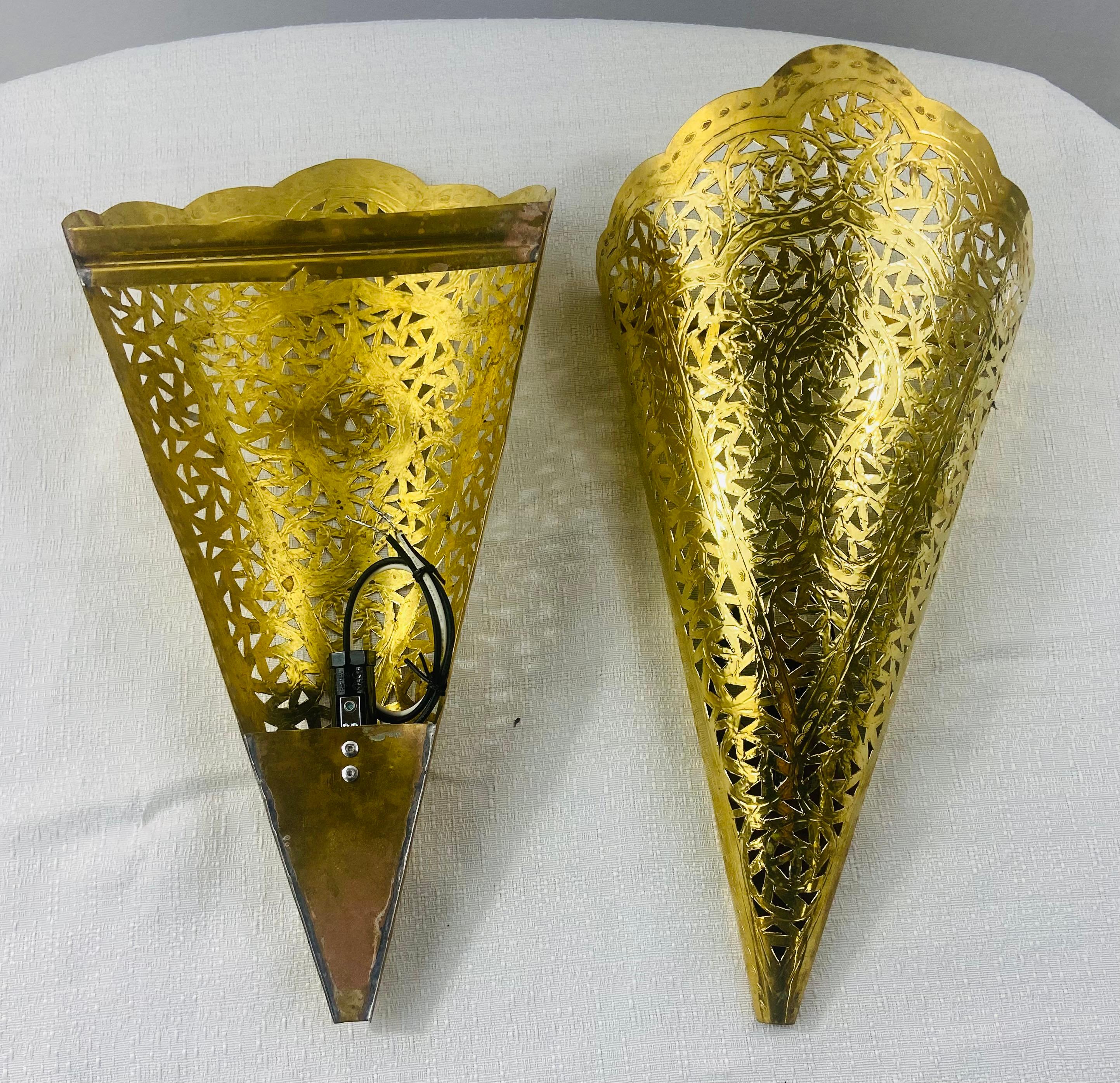 Vintage Moroccan Moorish Brass Cone Shaped Wall Sconce Shade, a Pair For Sale 11