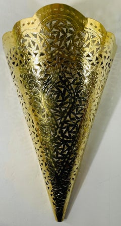 Vintage Moroccan Moorish Brass Cone Shaped Wall Sconce Shade, a Pair