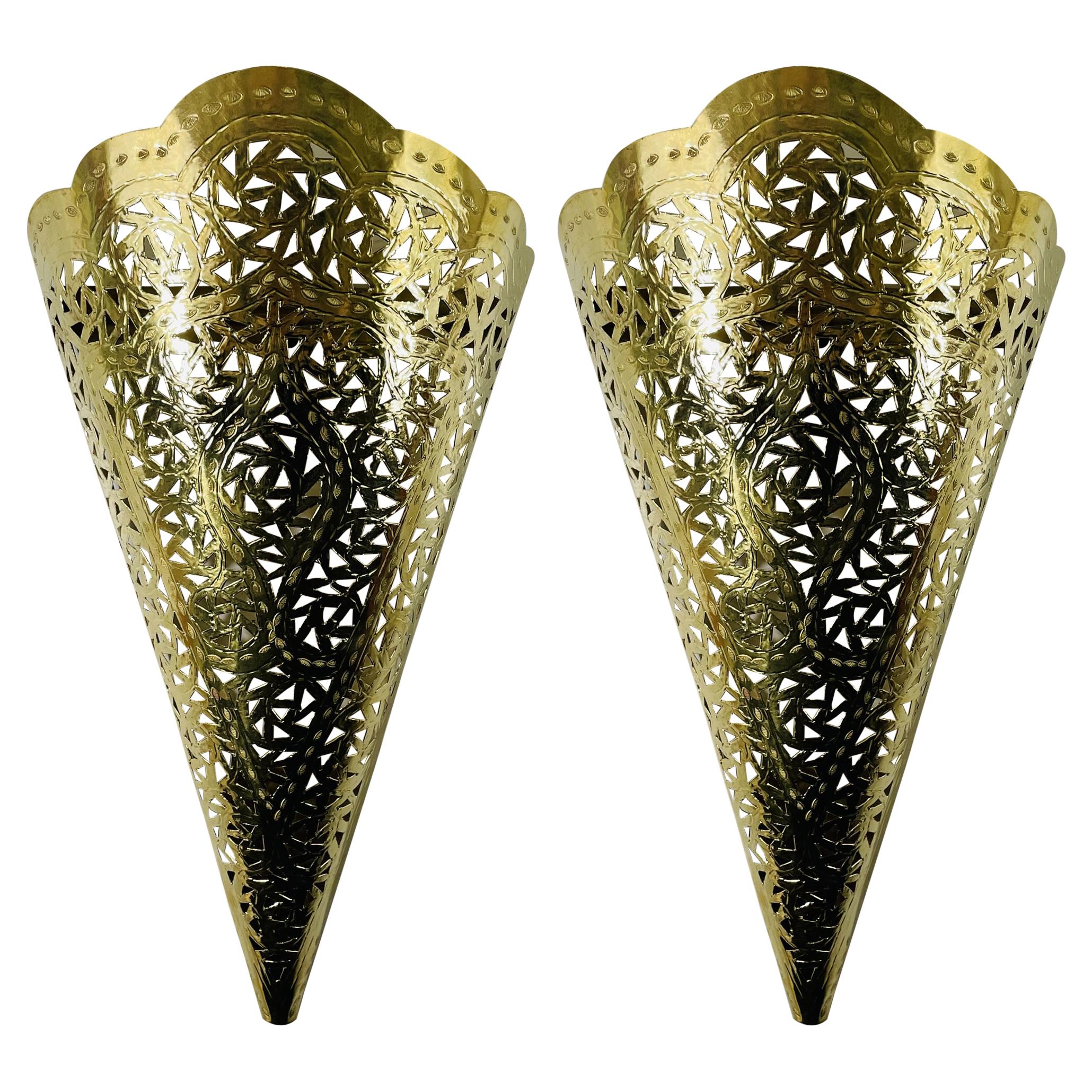Vintage Moroccan Moorish Brass Cone Shaped Wall Sconce Shade, a Pair For Sale