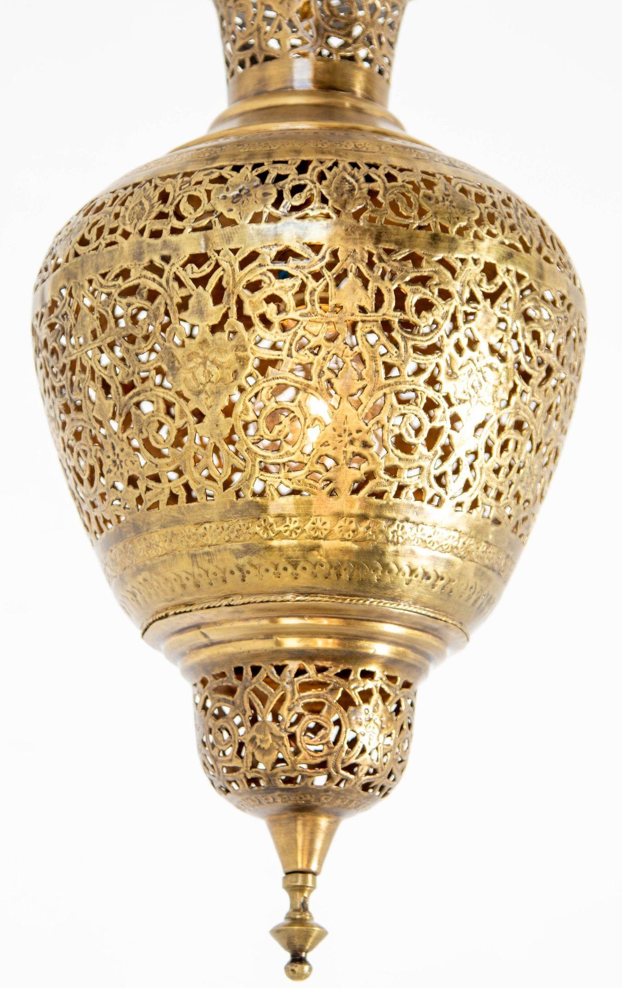 Moroccan Moorish Brass Hanging Light Fixture In Good Condition In Moreno Valley, CA