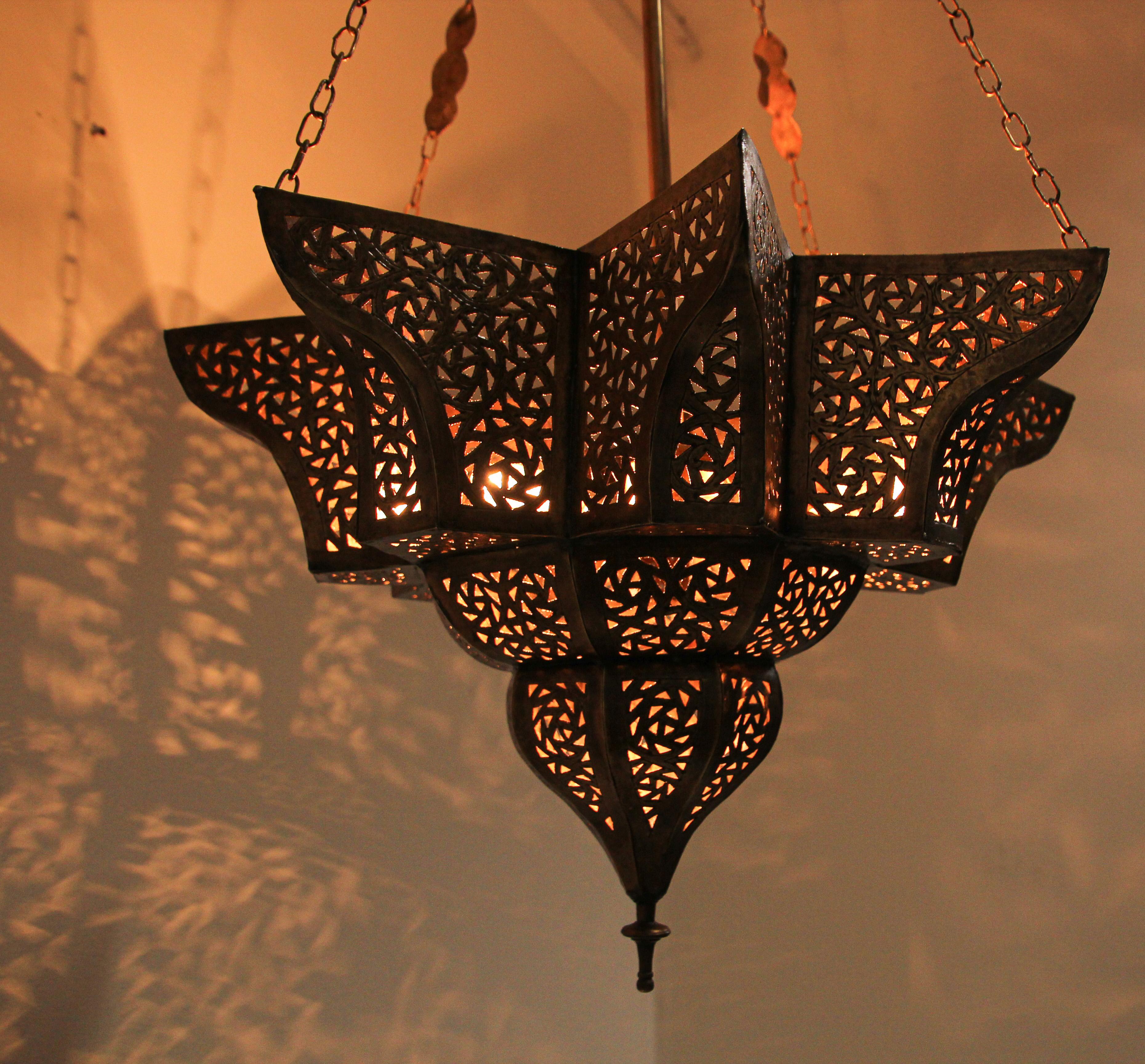 Moroccan Moorish Brass Star Pierced Hanging Chandelier 6