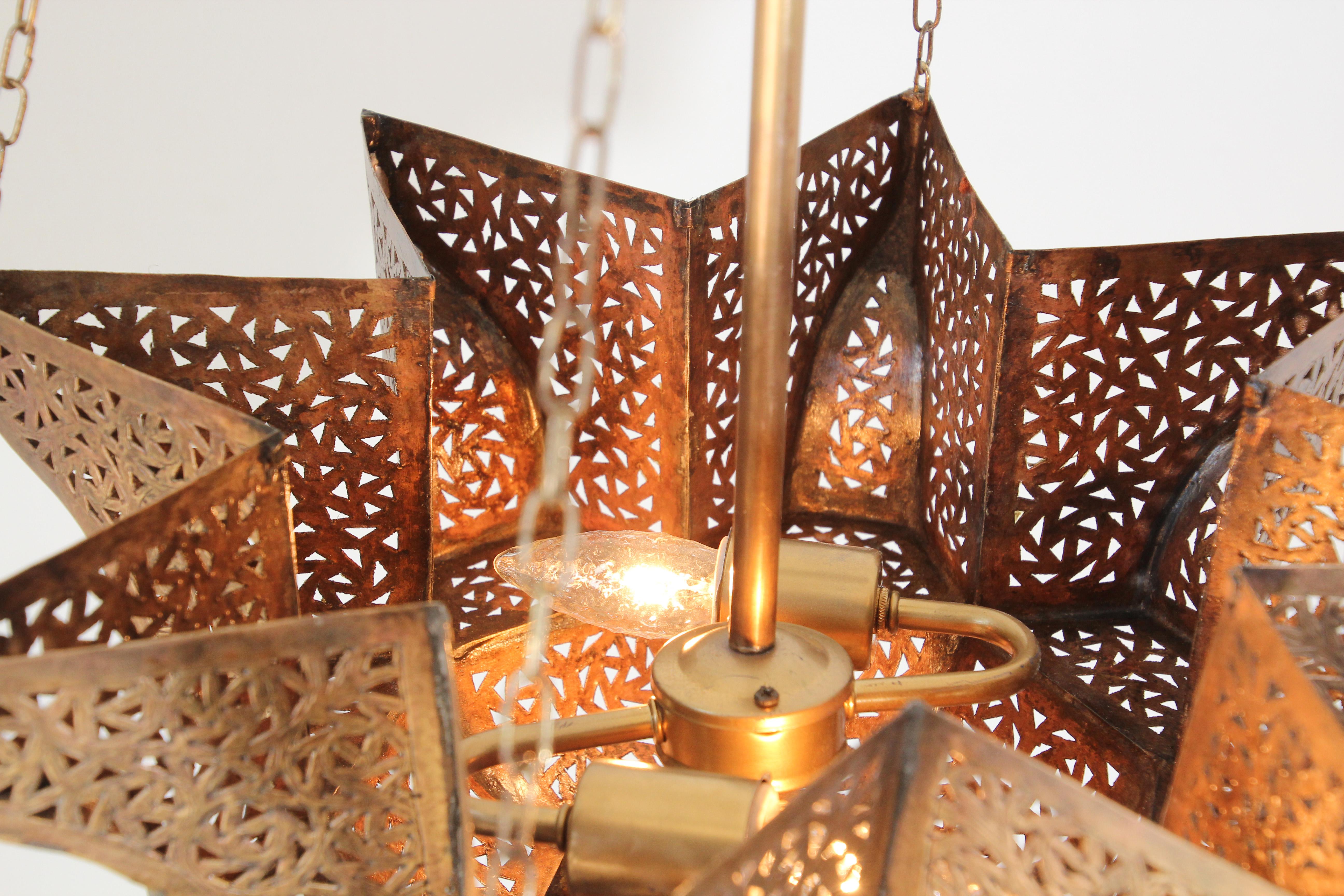 Moroccan Moorish Brass Star Pierced Hanging Chandelier 8