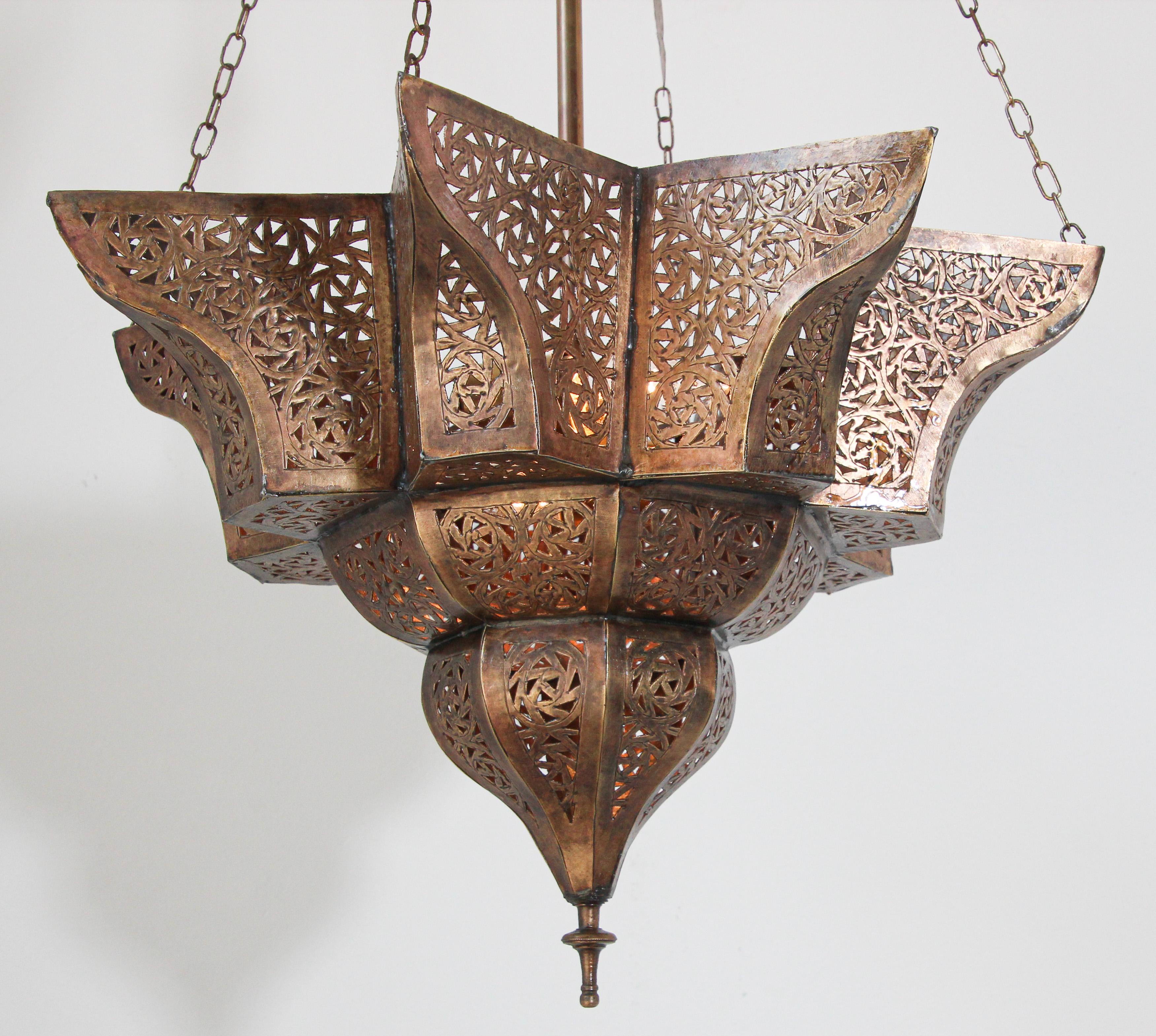 Moroccan Moorish Brass Star Pierced Hanging Chandelier 9