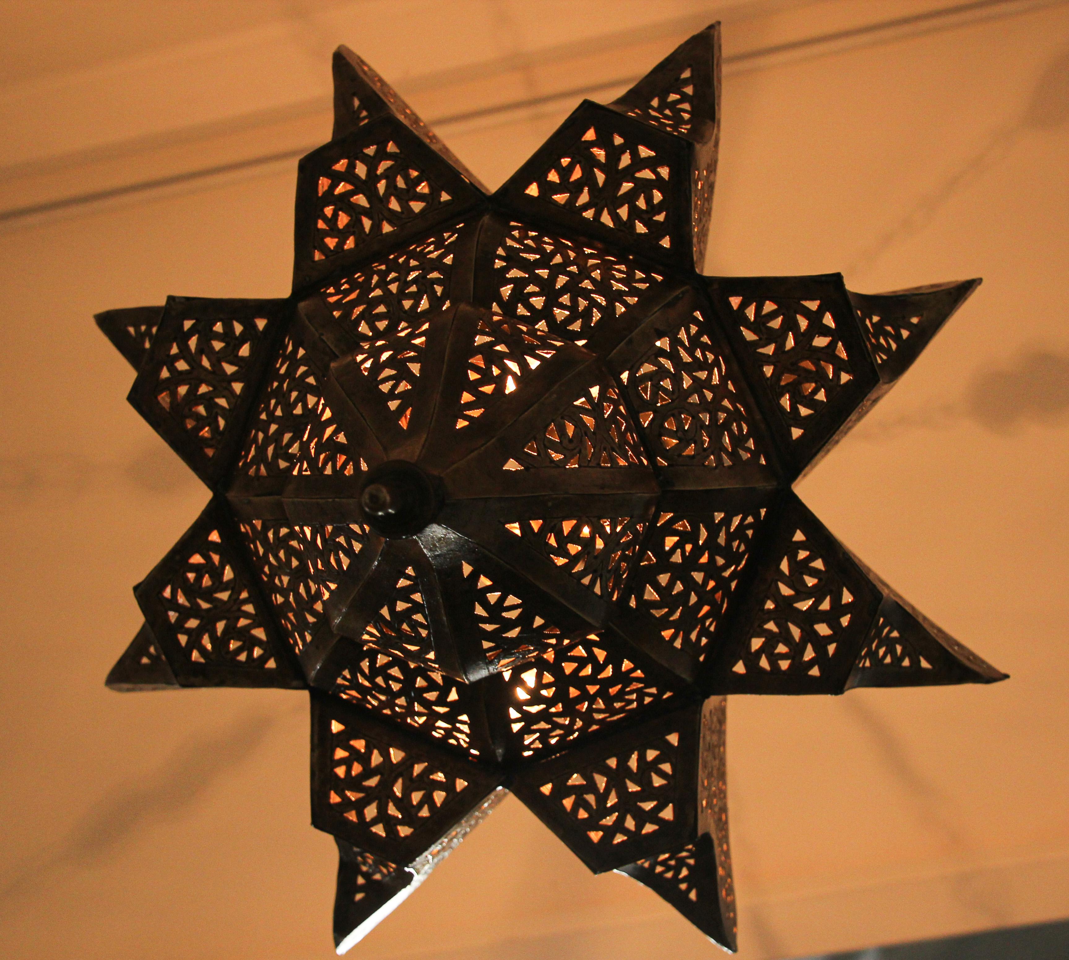 Moroccan Moorish Brass Star Pierced Hanging Chandelier 10
