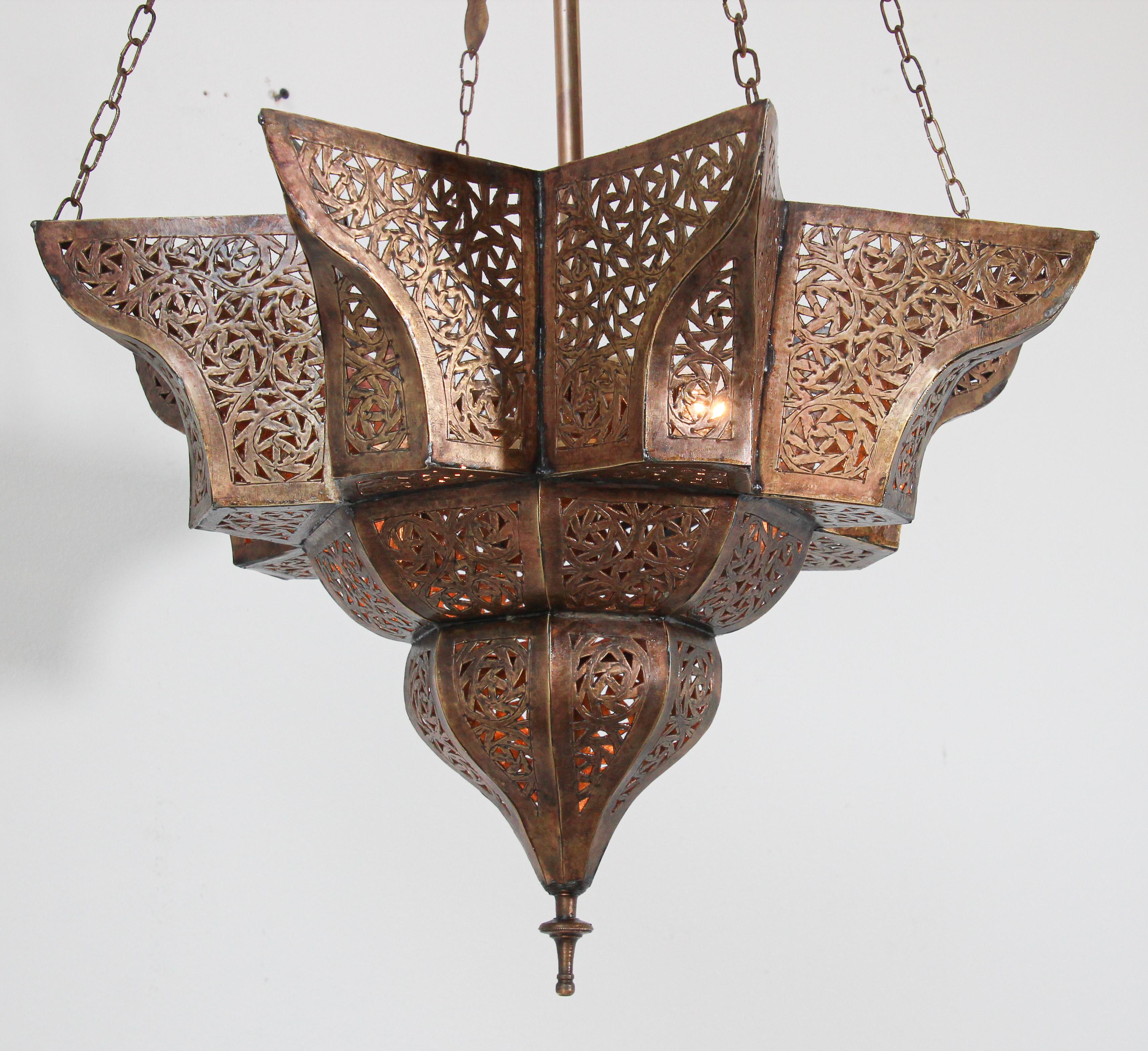 Moroccan Moorish Brass Star Pierced Hanging Chandelier 1