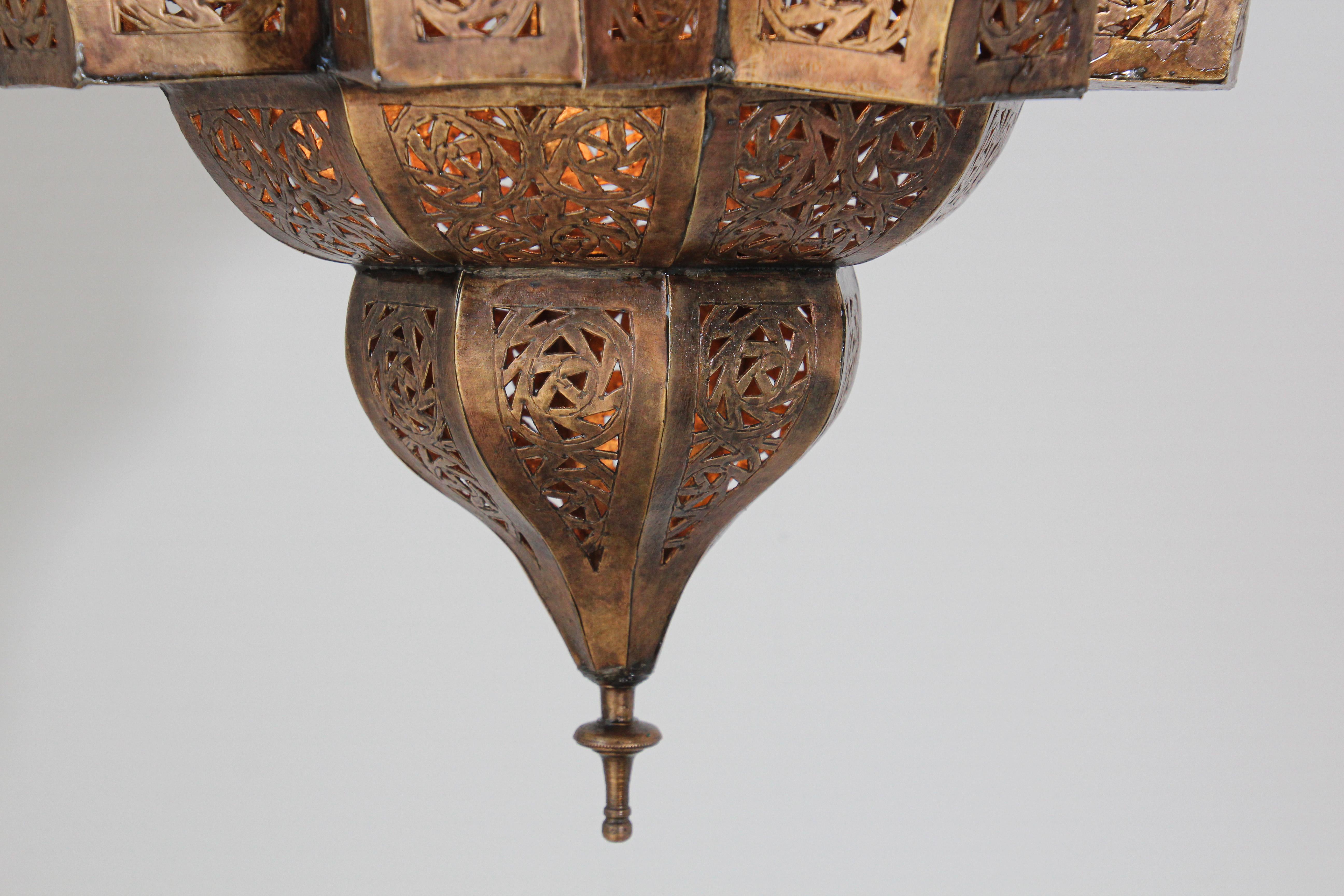 Moroccan Moorish Brass Star Pierced Hanging Chandelier 2