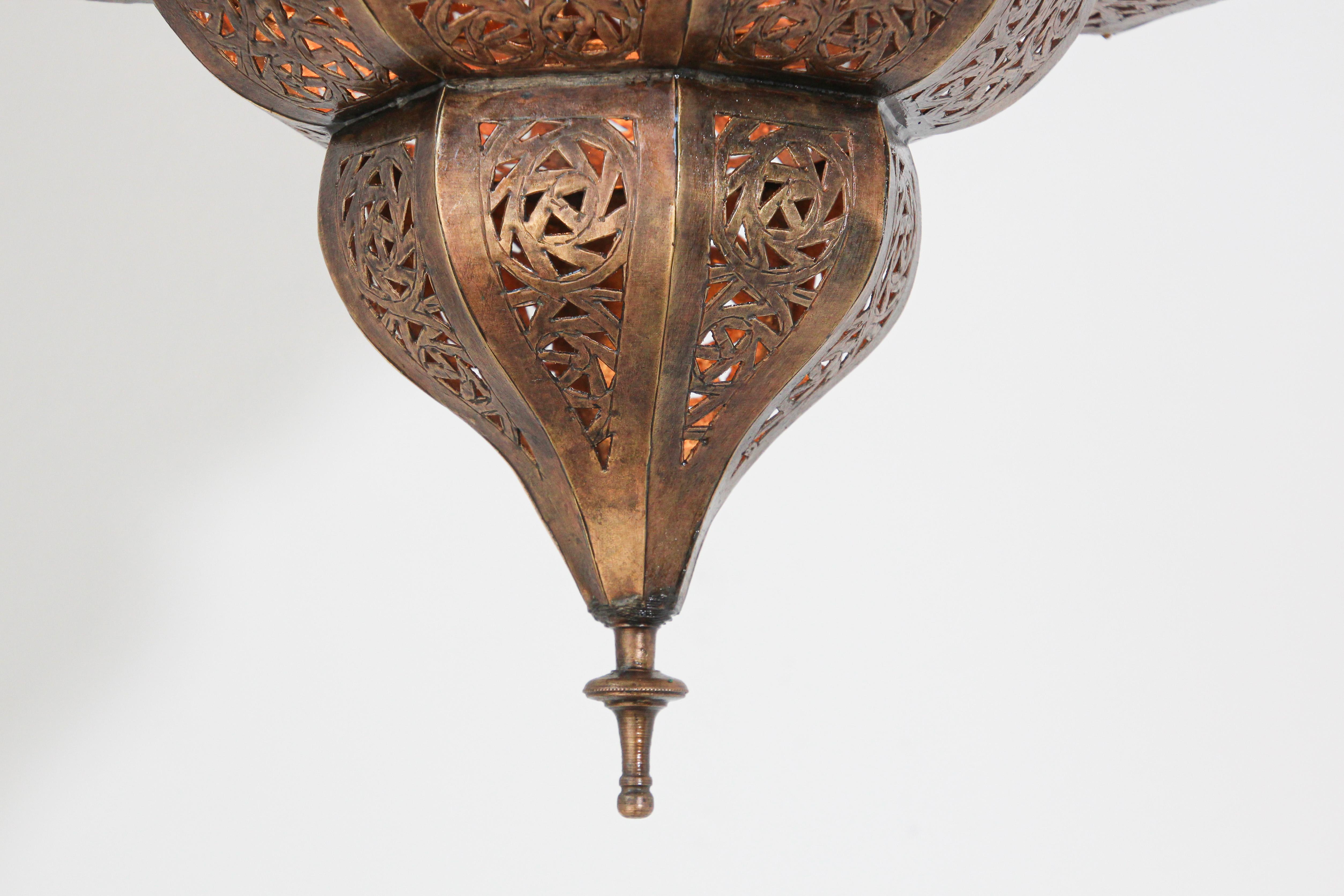 Moroccan Moorish Brass Star Pierced Hanging Chandelier 3