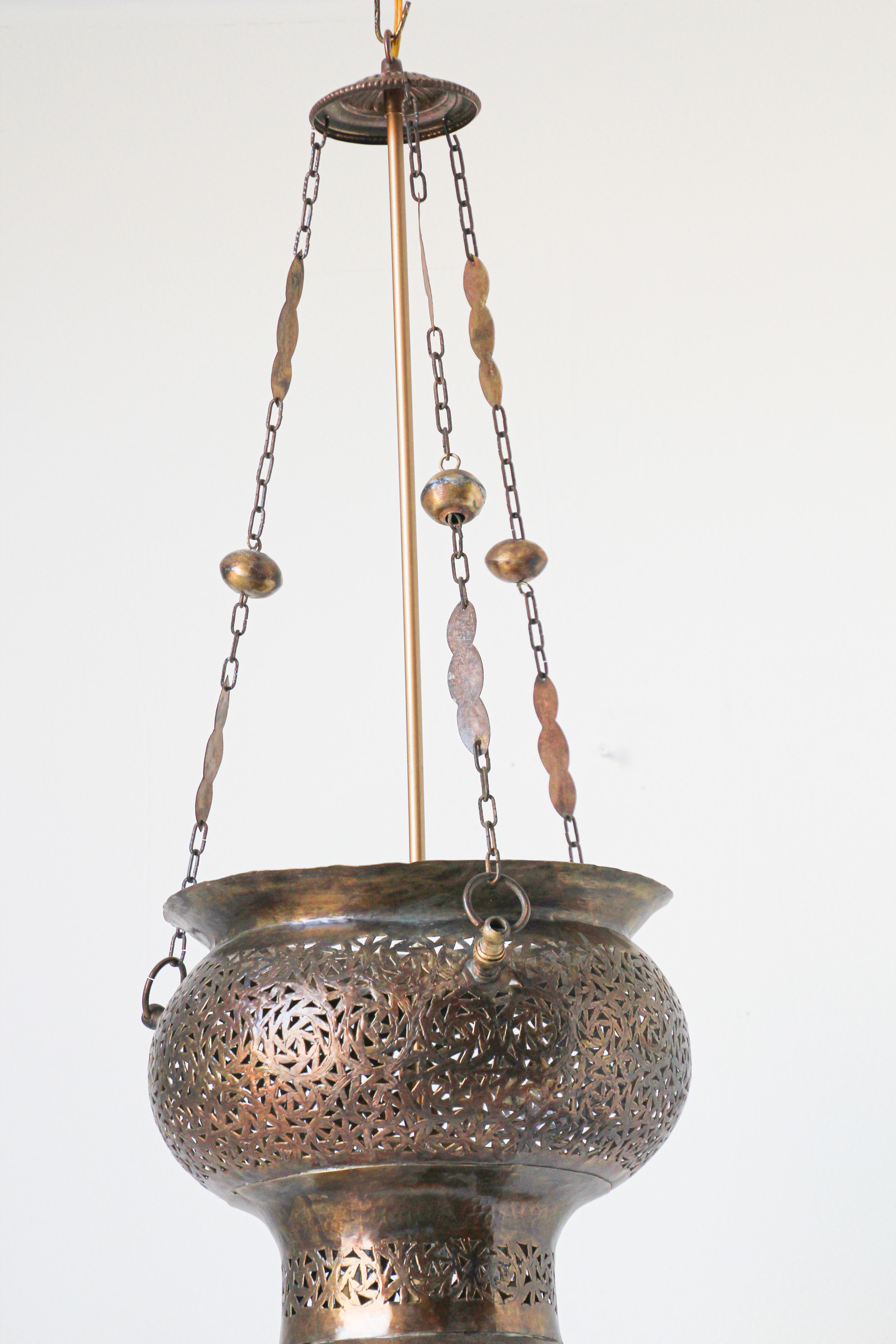 Moroccan Moorish Bronze Pierced Hanging Chandelier For Sale 8