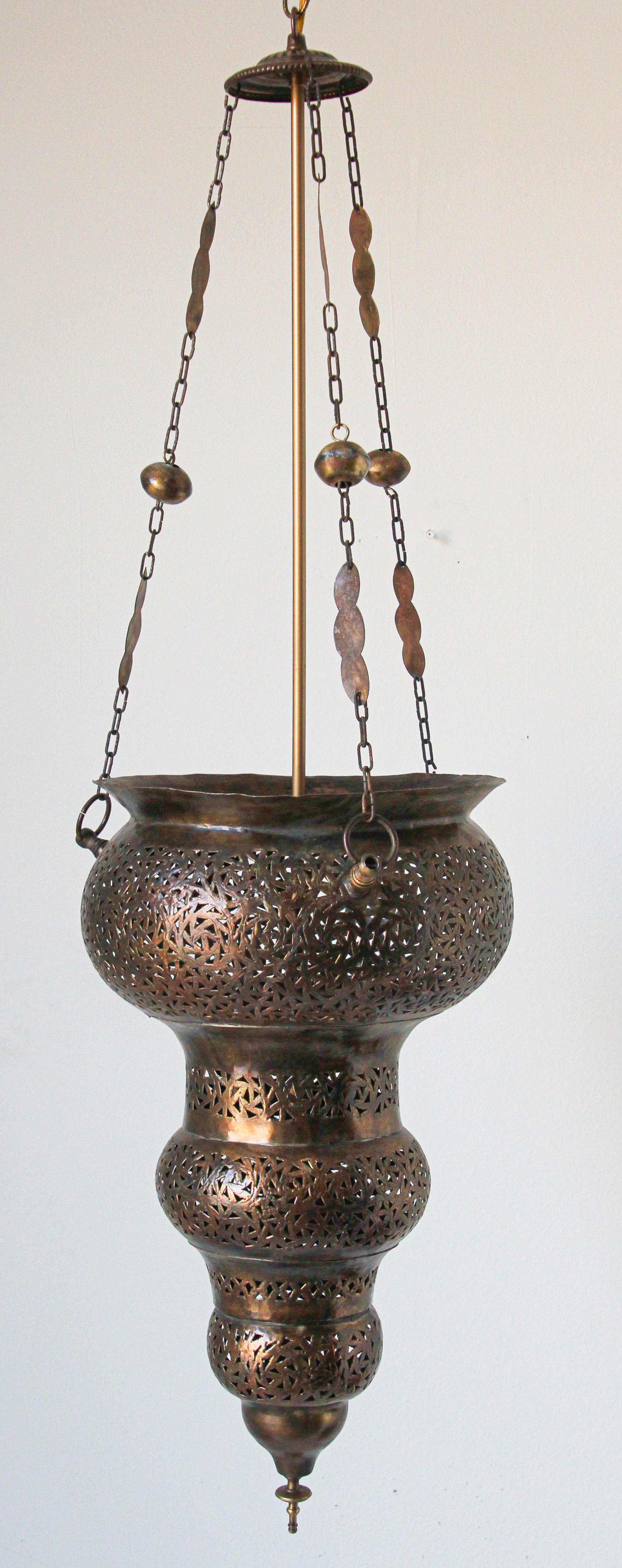 Moroccan Moorish Bronze Pierced Hanging Chandelier For Sale 9