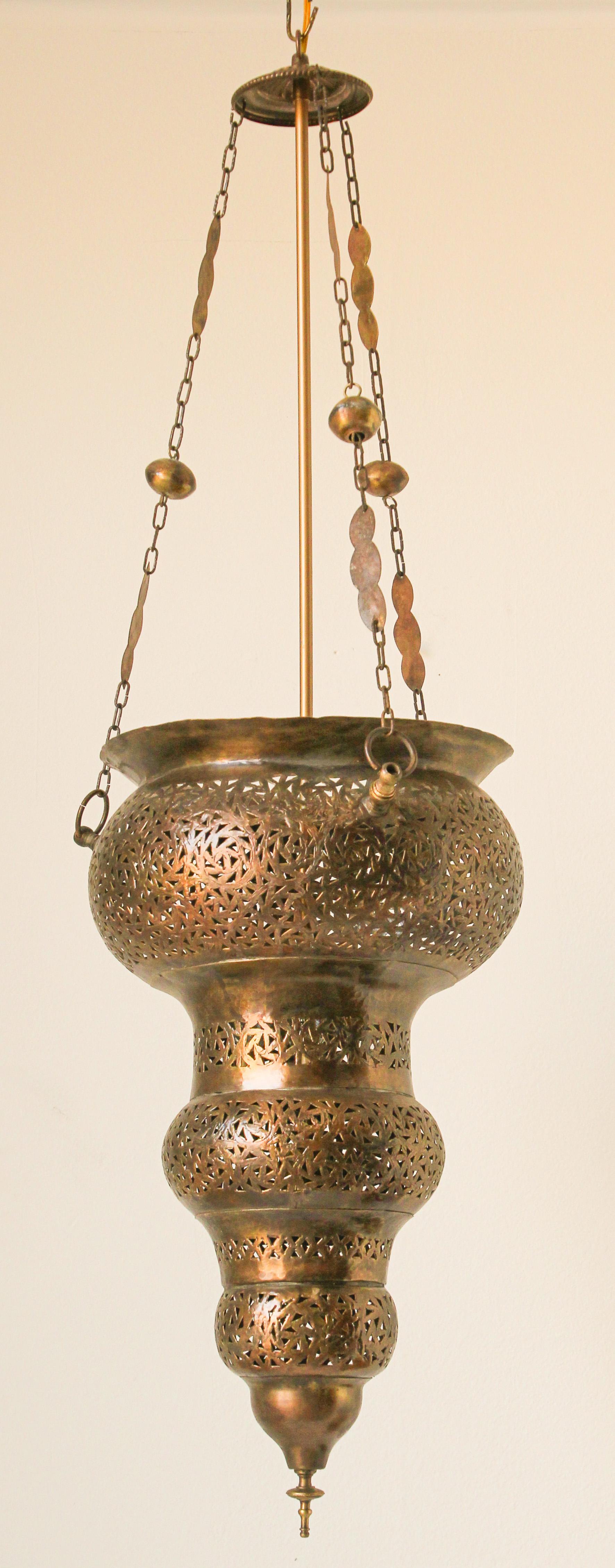 20th Century Moroccan Moorish Bronze Pierced Hanging Chandelier For Sale