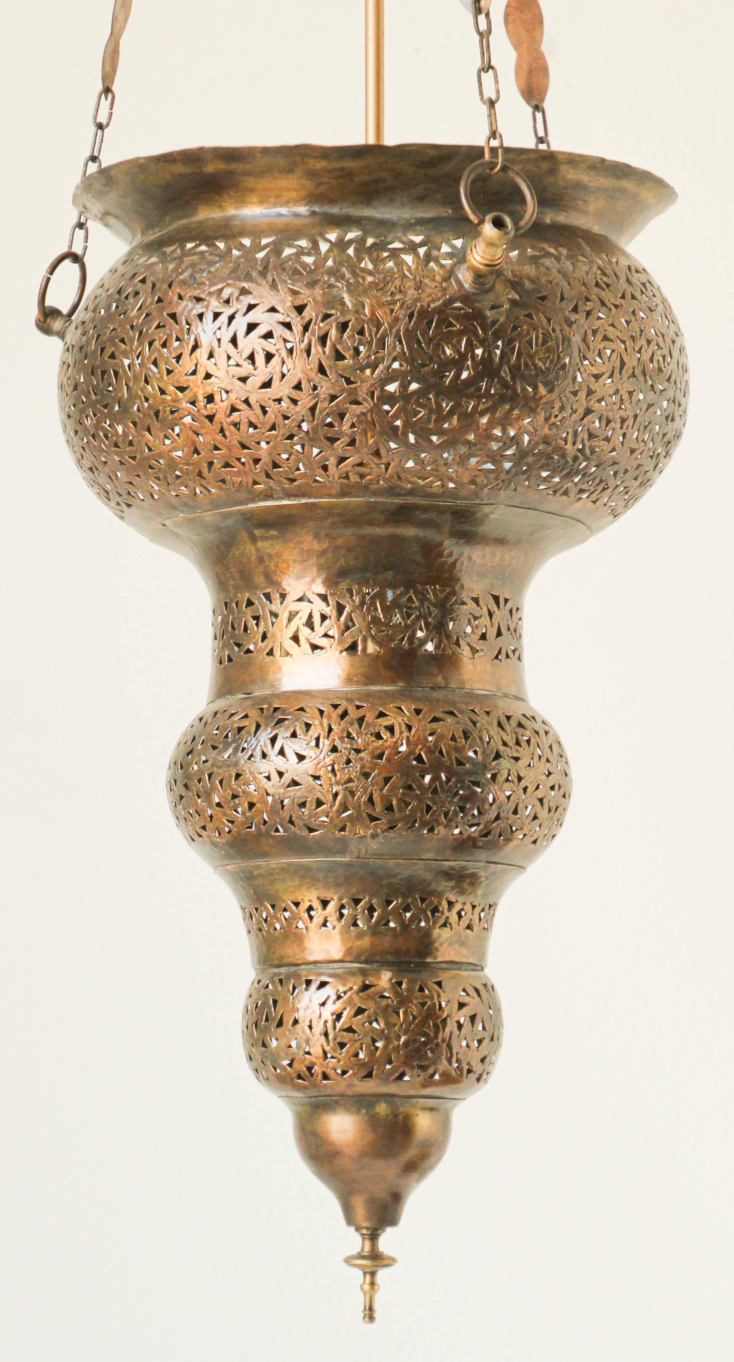 Brass Moroccan Moorish Bronze Pierced Hanging Chandelier For Sale