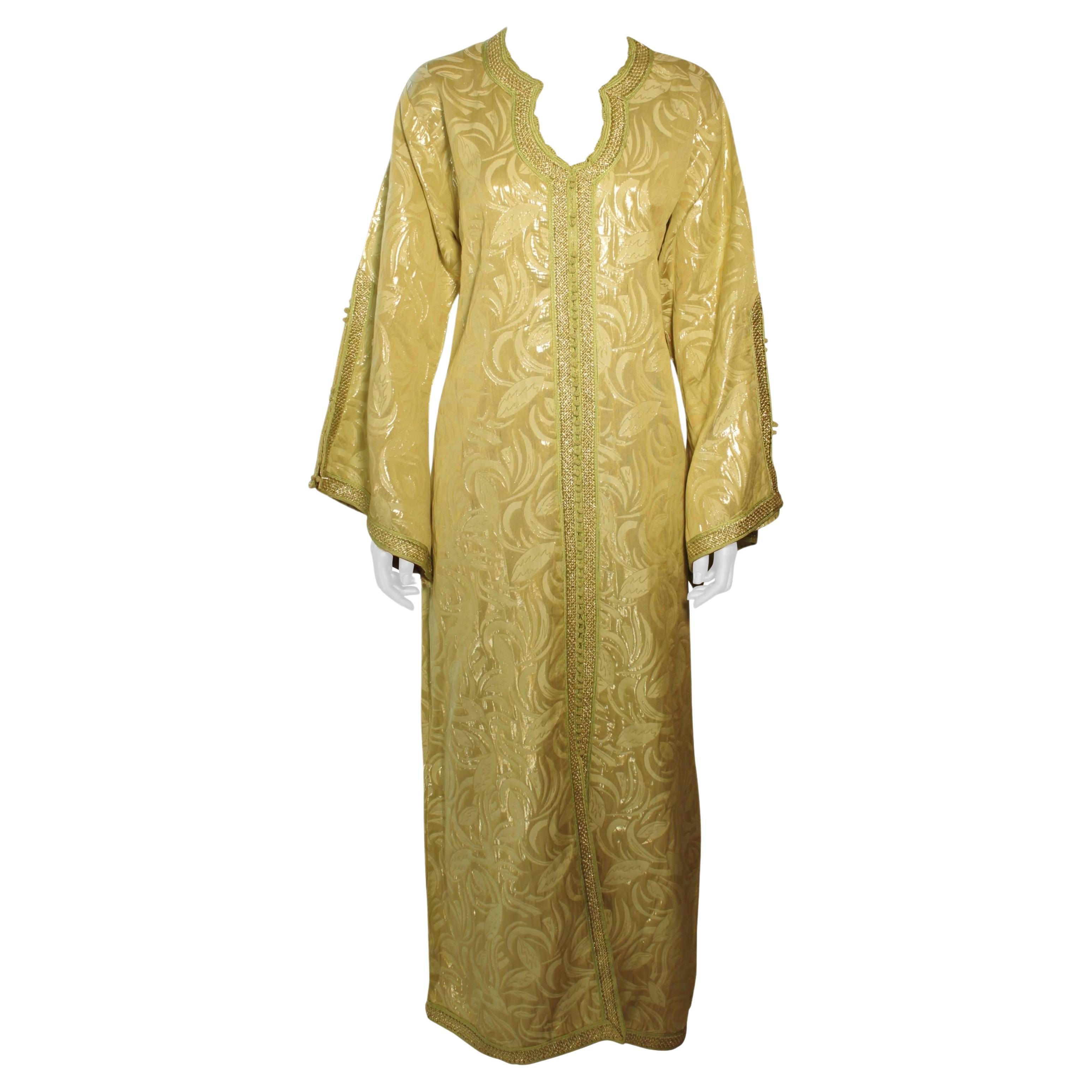 Moroccan Moorish Caftan Gown in Gold Brocade Maxi Dress Kaftan Size M to L For Sale